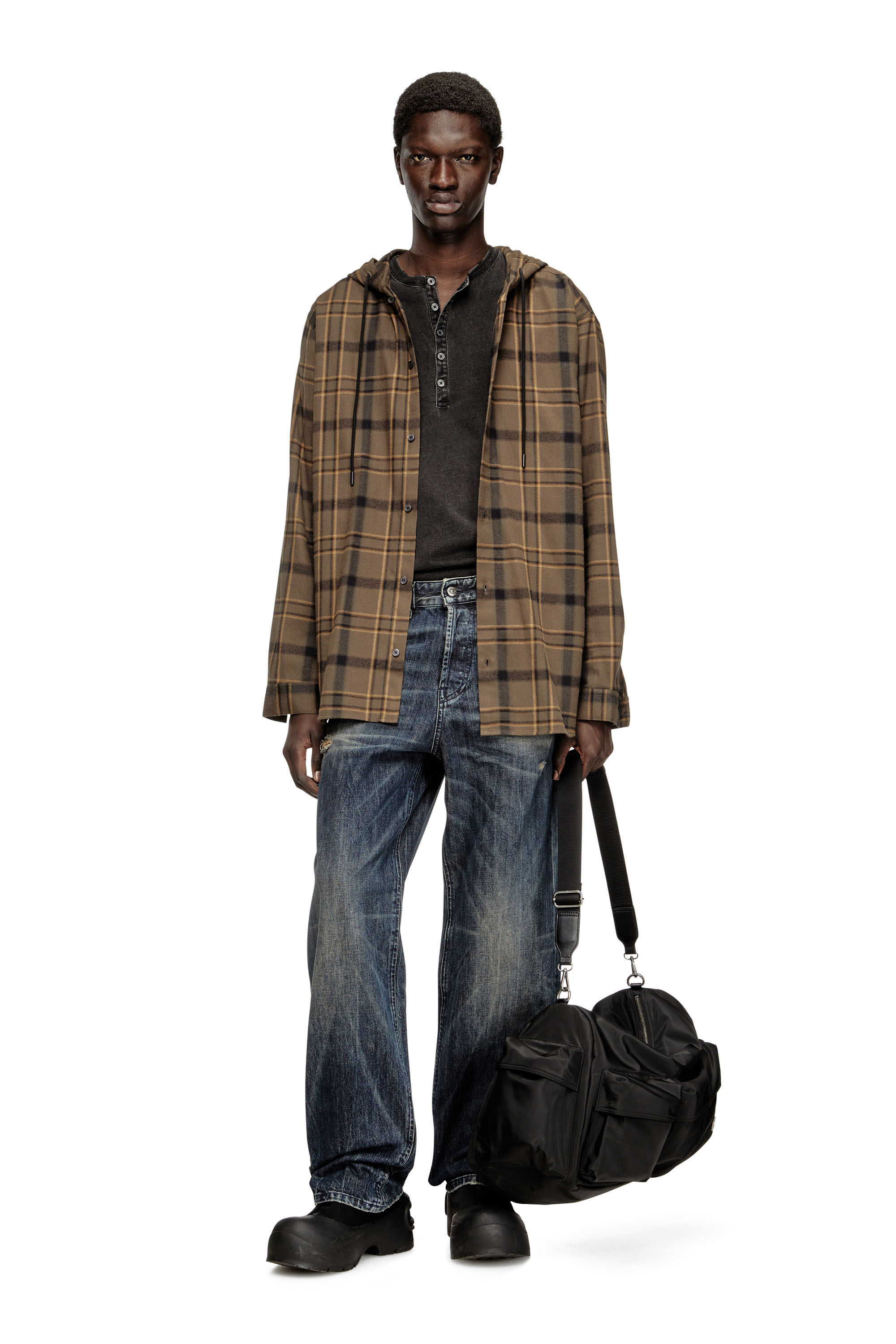 Diesel - S-IX, Man's Hooded shirt in check flannel with logo in Brown - 1