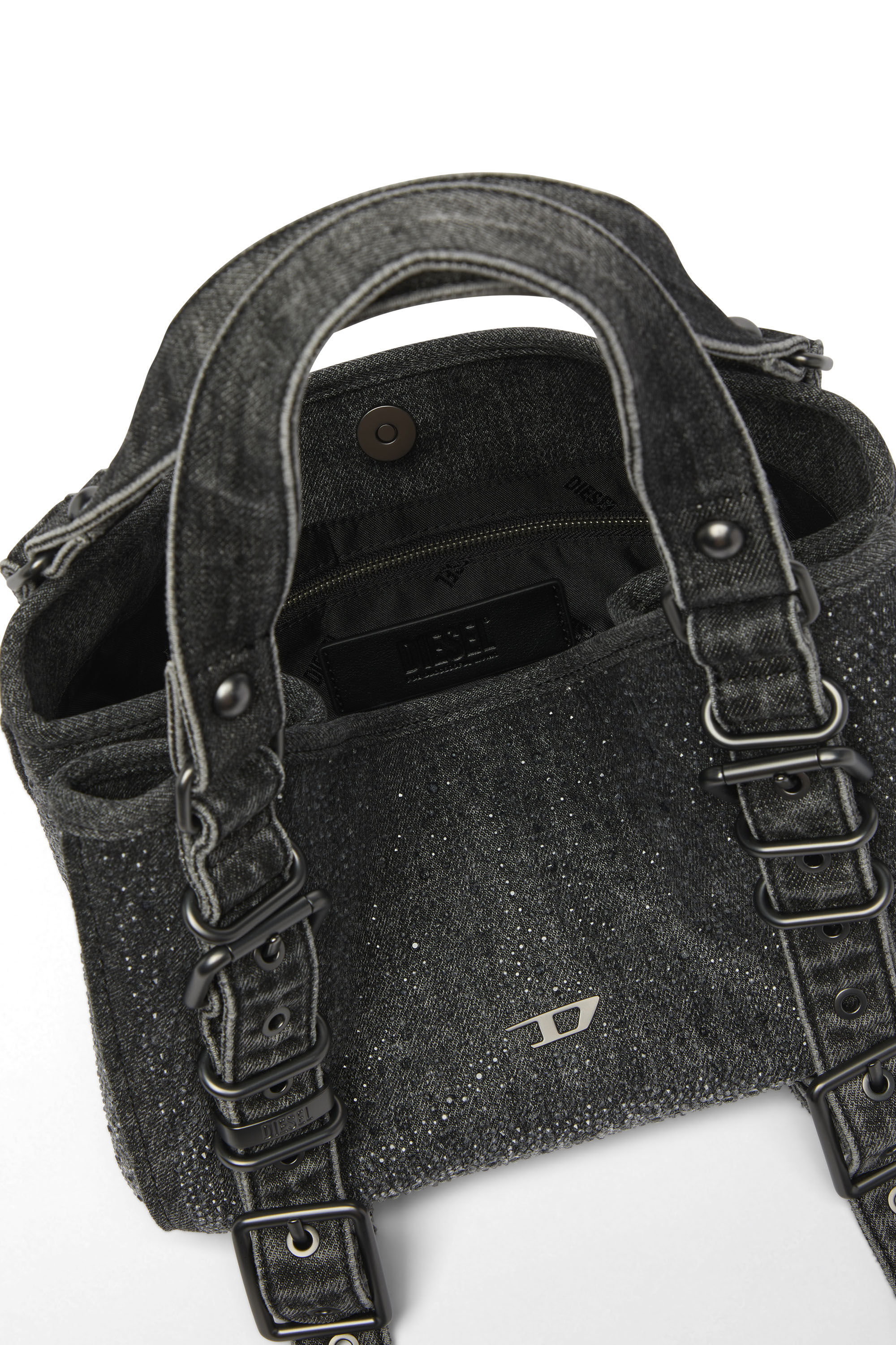 Diesel - D-ONE TOPHANDLE S, Woman's D-One-Small top-handle bag in crystal solarised denim in Black - 3