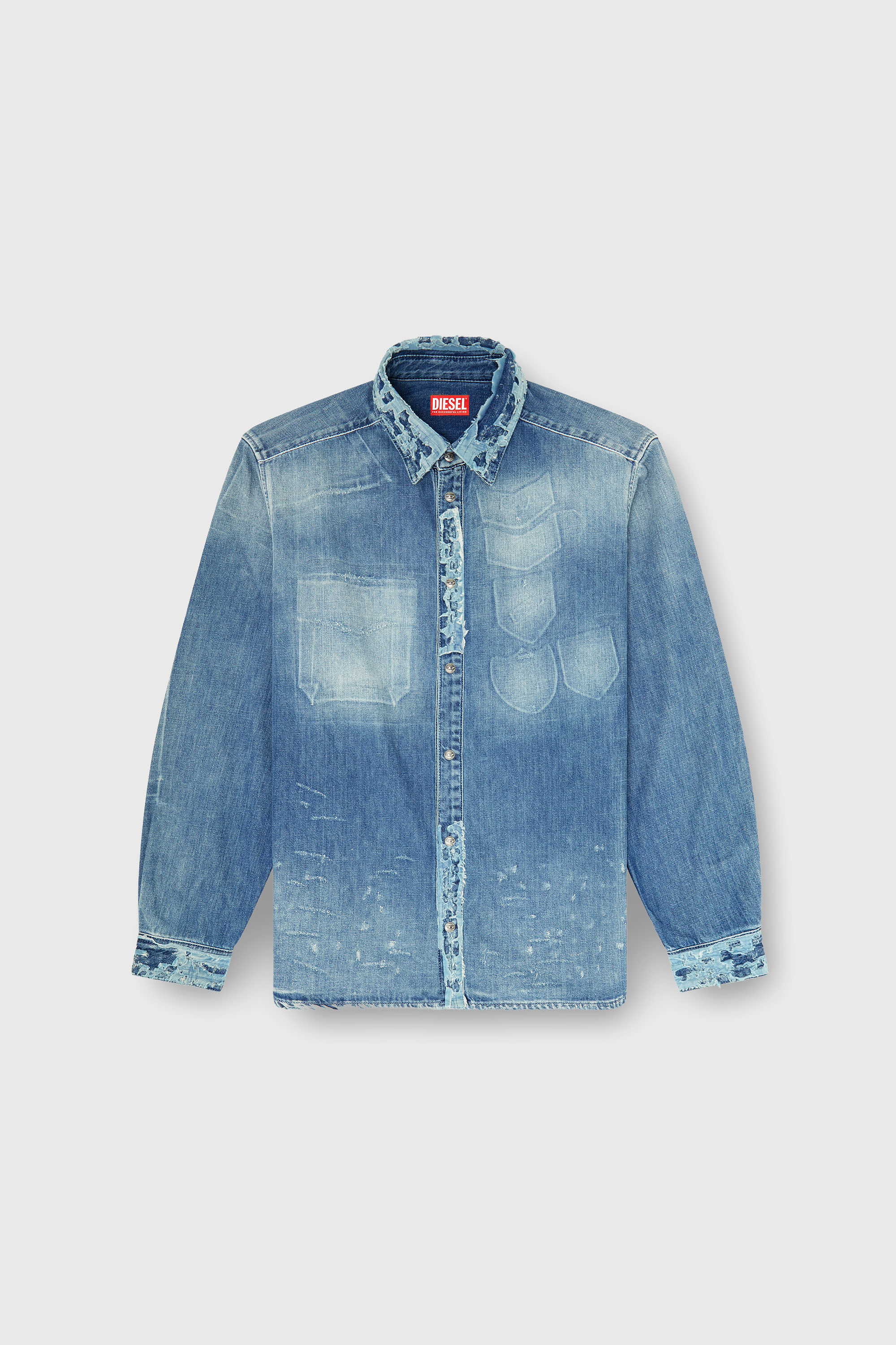 Diesel - D-SIMPLY, Man's Shirt in distressed patch-effect denim in Light Blue - 2