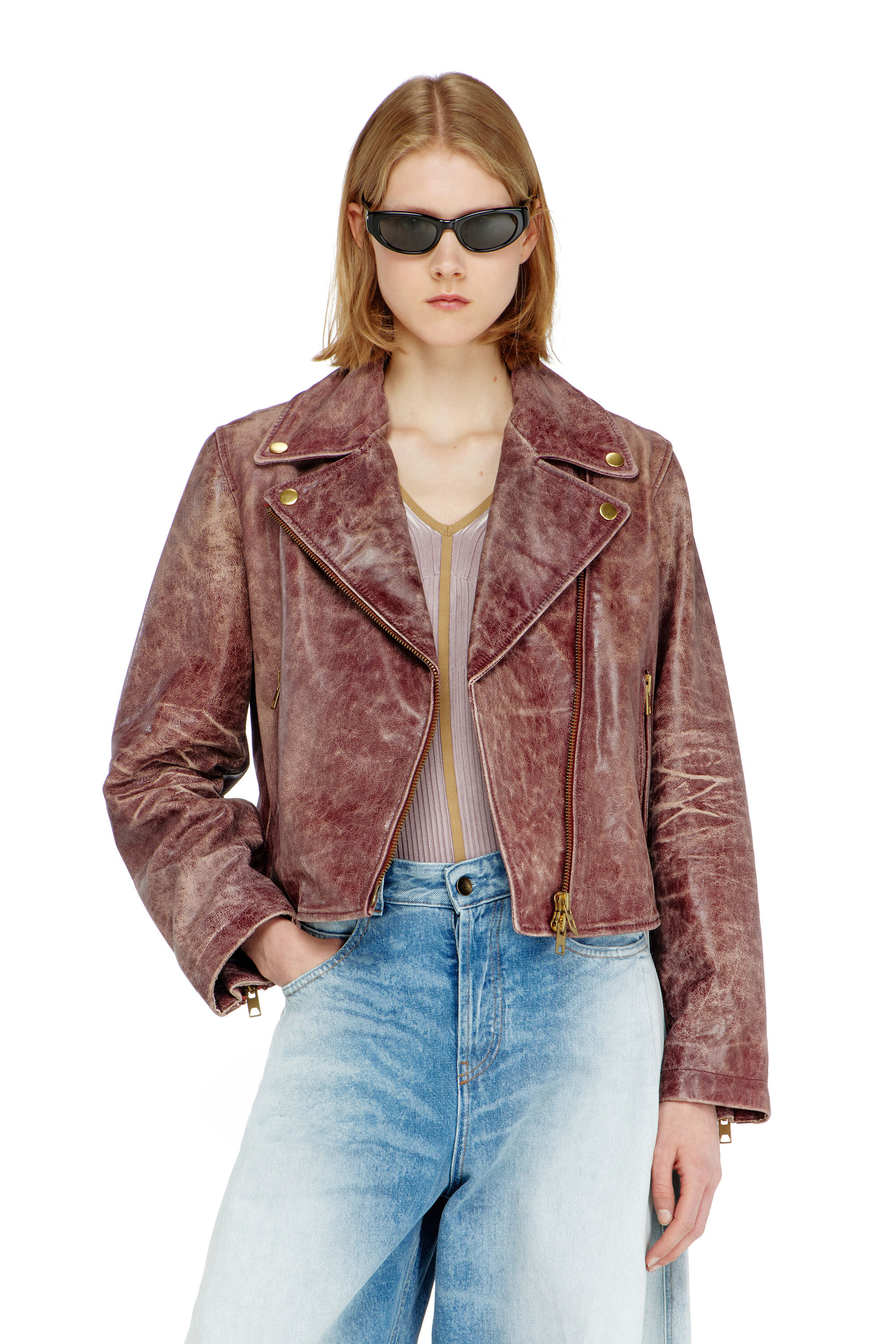 Diesel - L-UNATIC-T1, Woman's Biker jacket in treated leather in null - 3