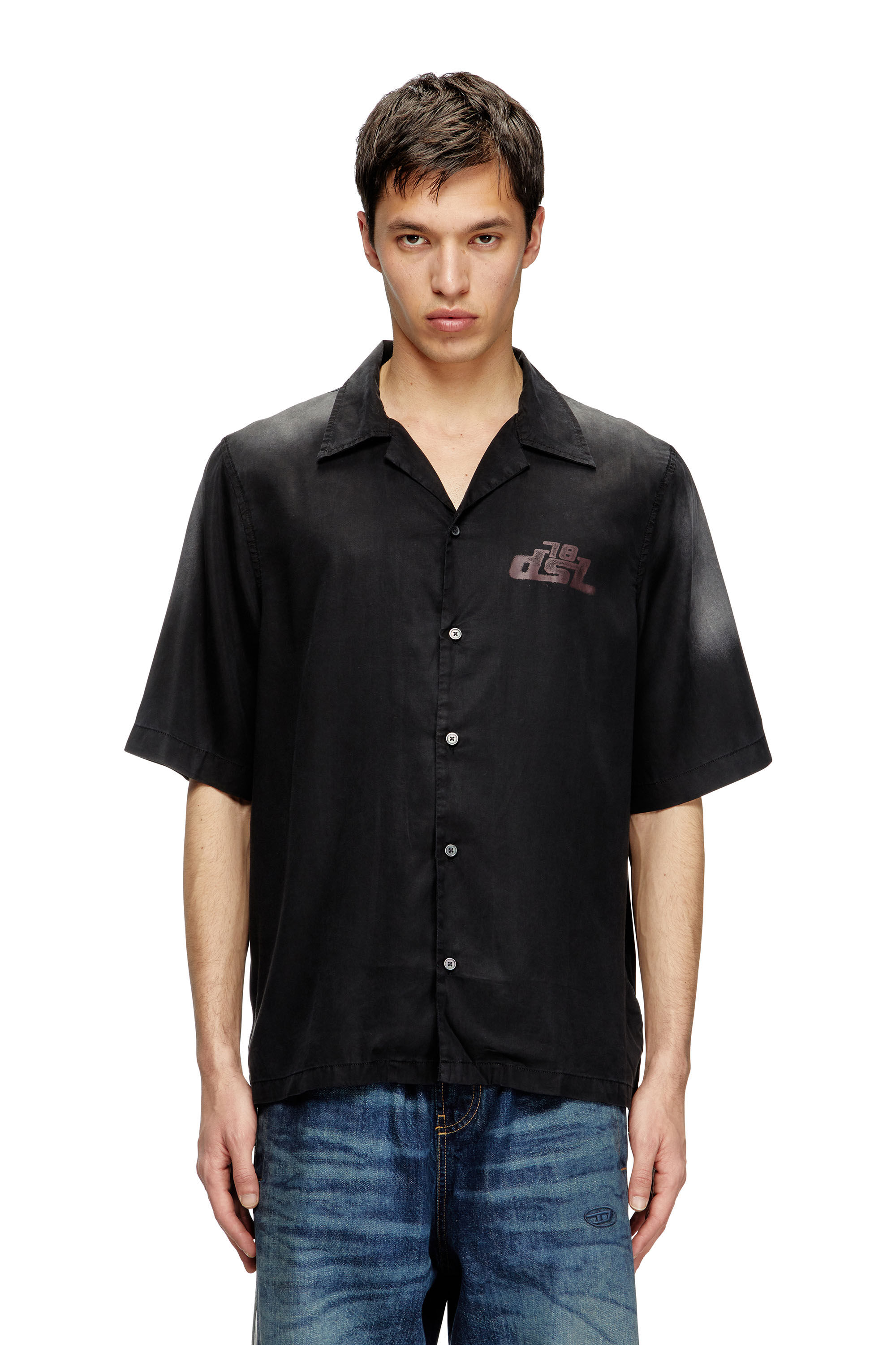 Diesel - S-ELLY, Man's Faded bowling shirt with logo prints in Black - 3