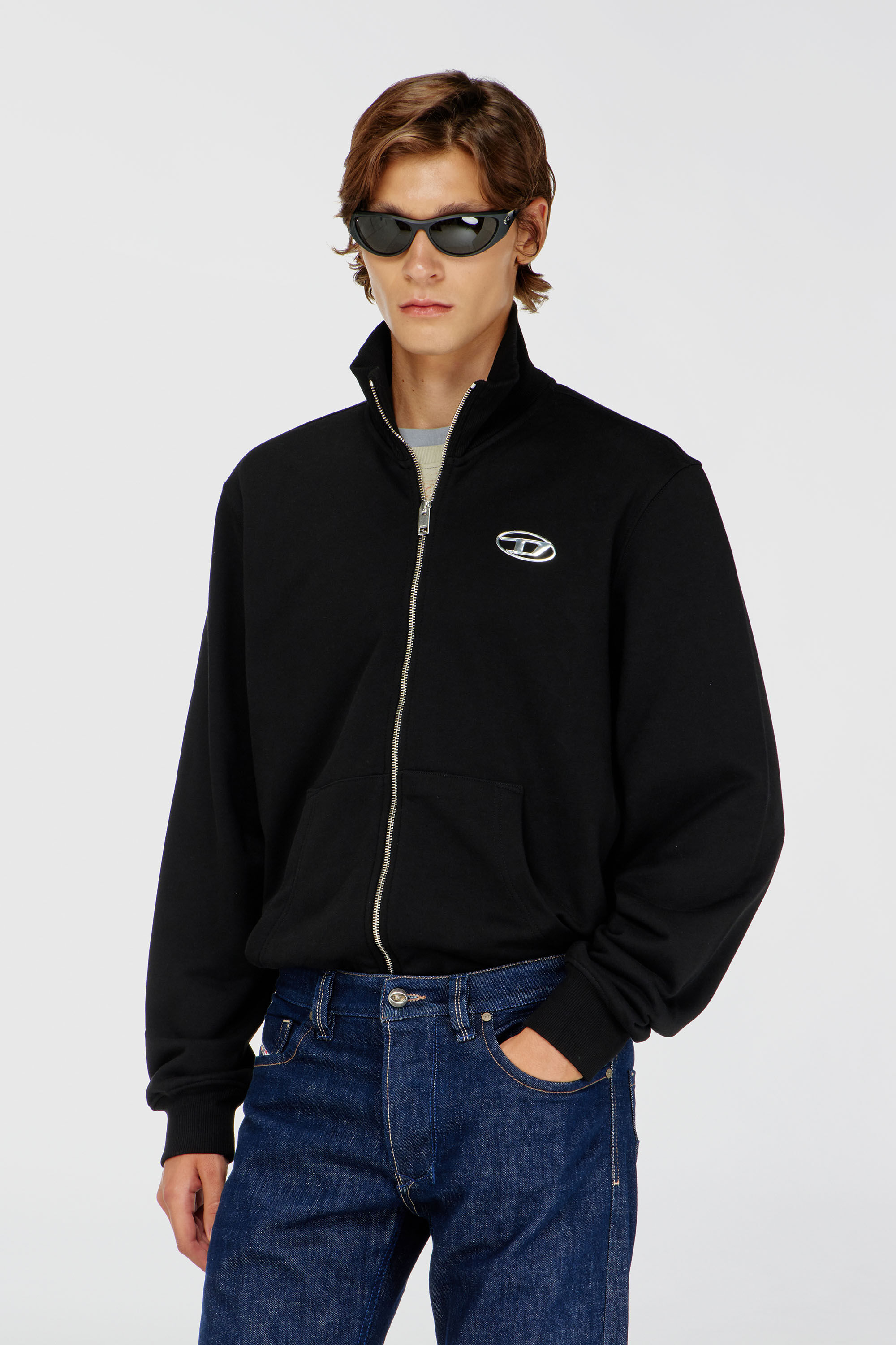 Men's Zip-up sweatshirt with metallic logo | Black | Diesel BG