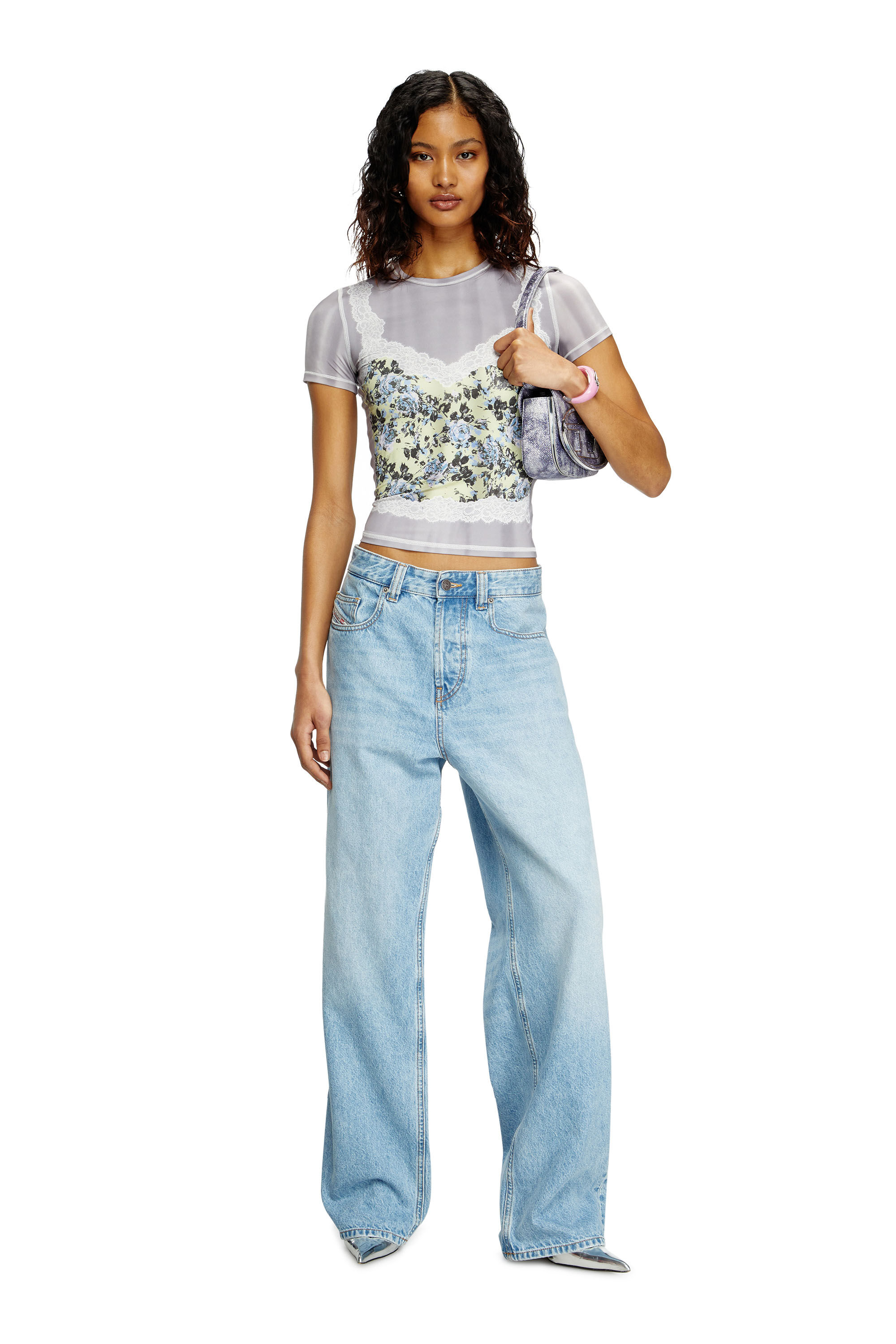 Diesel - T-ILENI, Woman's Stretch T-shirt with trompe l'oeil cami in Light Grey - 1