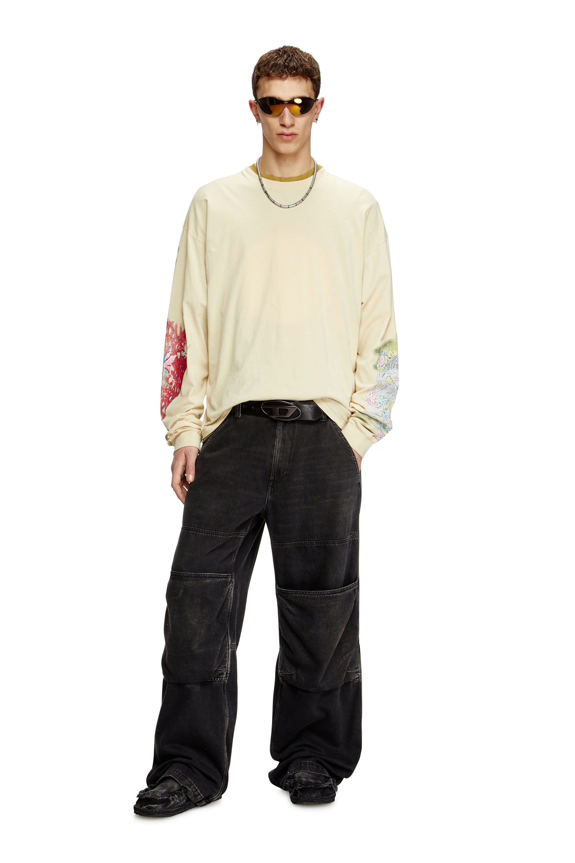 Men's Long-sleeve T-shirt with printed graphics | Beige | Diesel