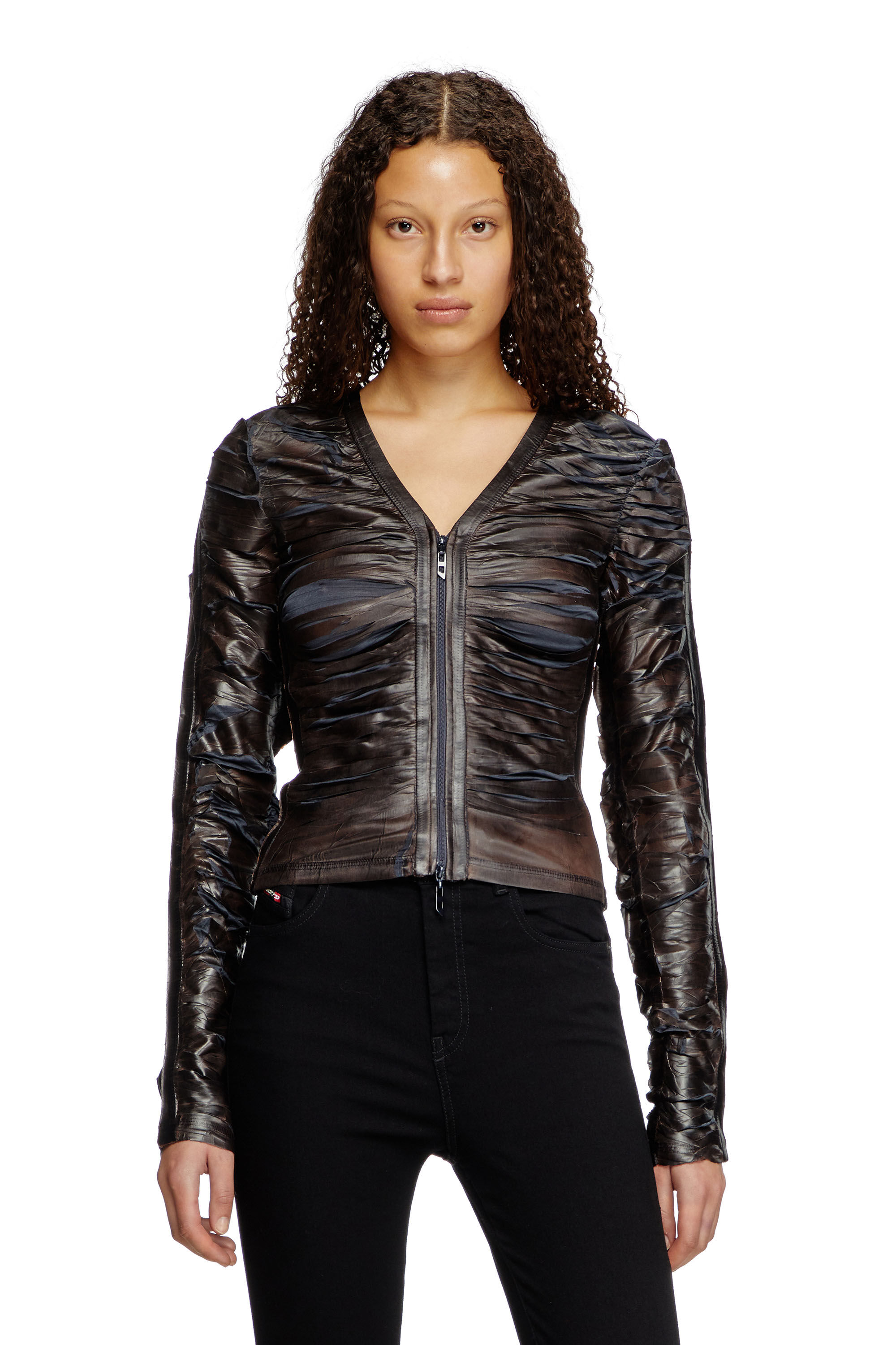 Diesel - T-CARDY, Woman's V-neck gathered top in Blue/Brown - 3