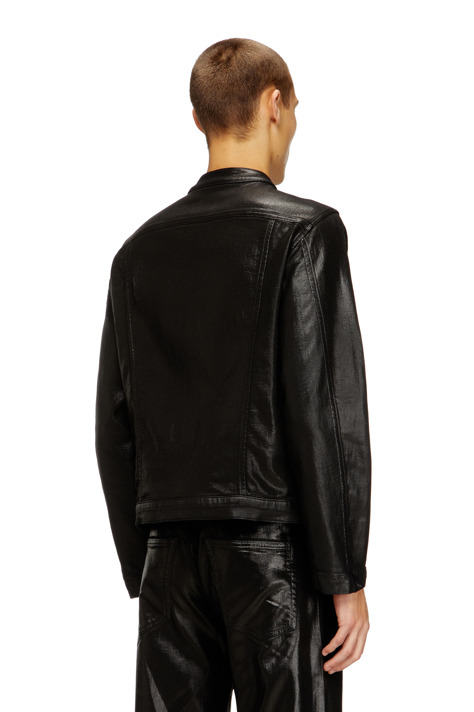Diesel - D-GLORY JOGG, Man's Moto jacket in shiny coated JoggJeans in Black - 4