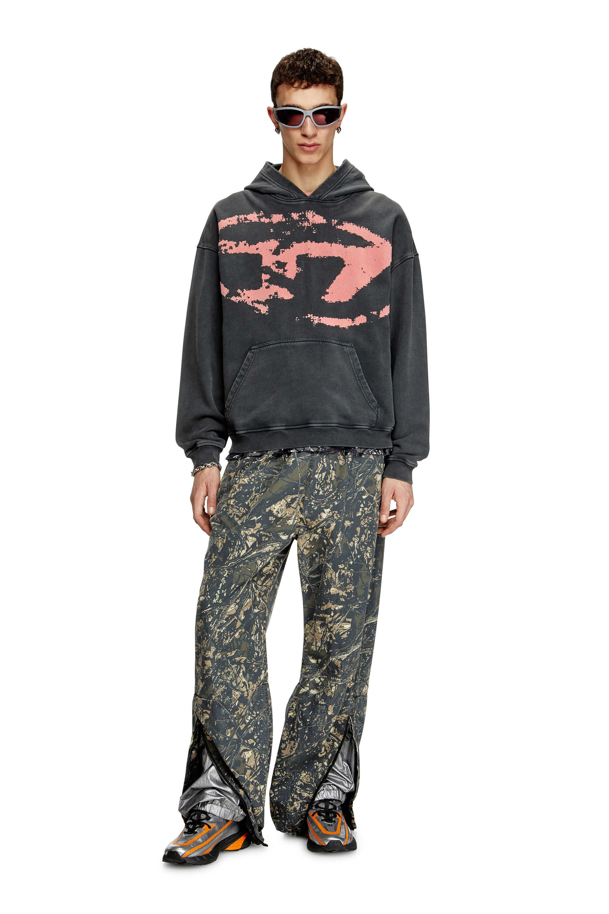 DIESEL ブラック＆ピンク S-Boxt-Hood-R10 フーディ Men's Hoodie with flocked Oval D logo | Black | Diesel