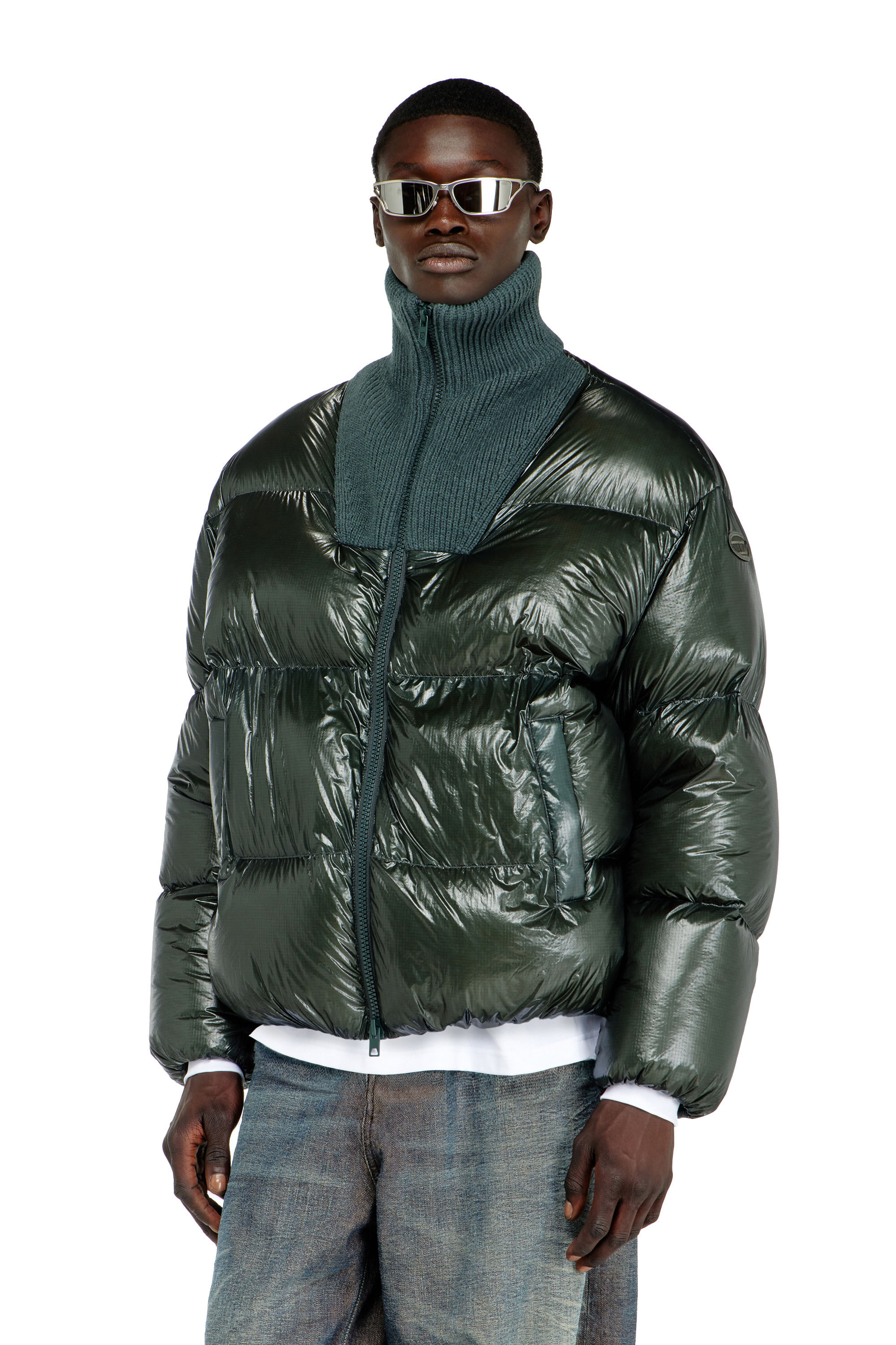 Diesel - W-RIBB, Man's Down puffer jacket in ripstop with ribbed collar in Dark Green - 3
