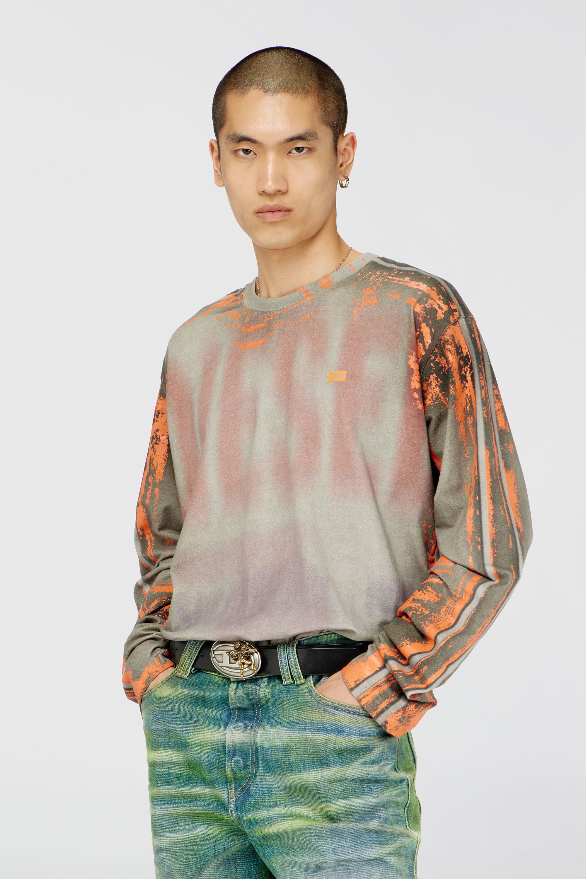 Diesel - T-FILMY, Man's Long-sleeve T-shirt in cracked jersey in Grey/Orange - 3