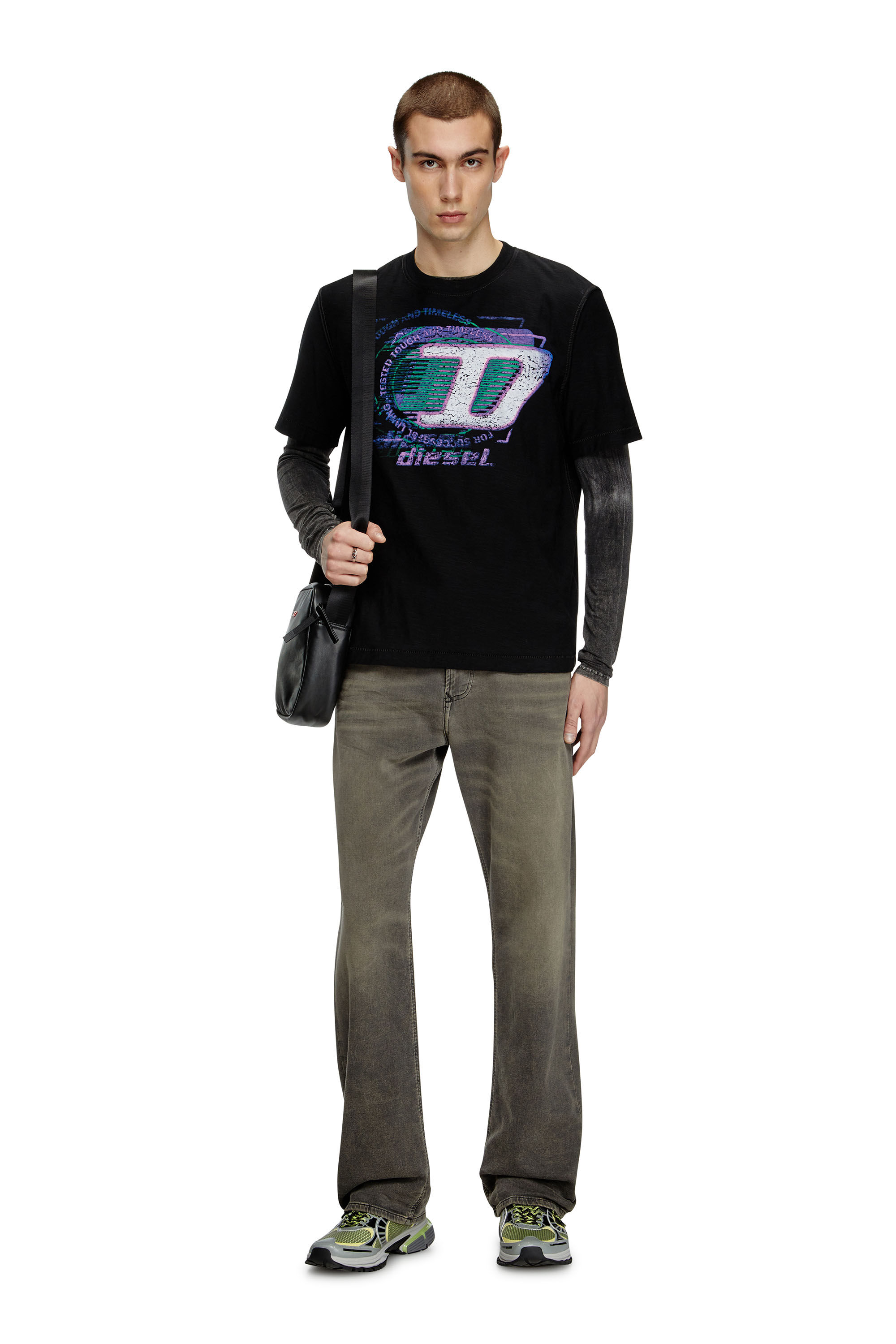 Diesel - T-ADJUST-R11, Man's Slub cotton T-shirt with flocked logo in Black - 1