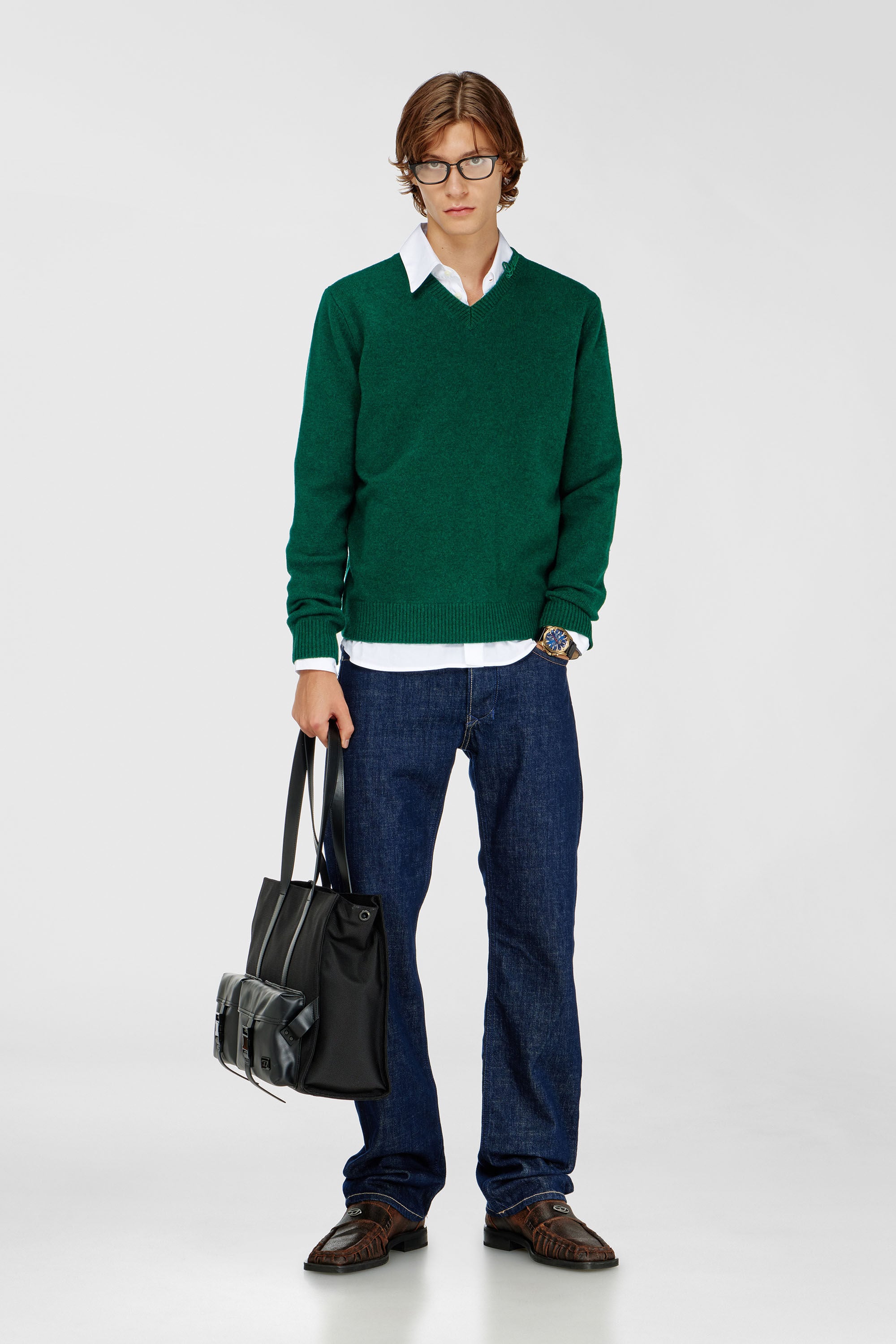 Diesel - K-IMER, Man's Wool V-neck jumper with neck logo in Green - 1