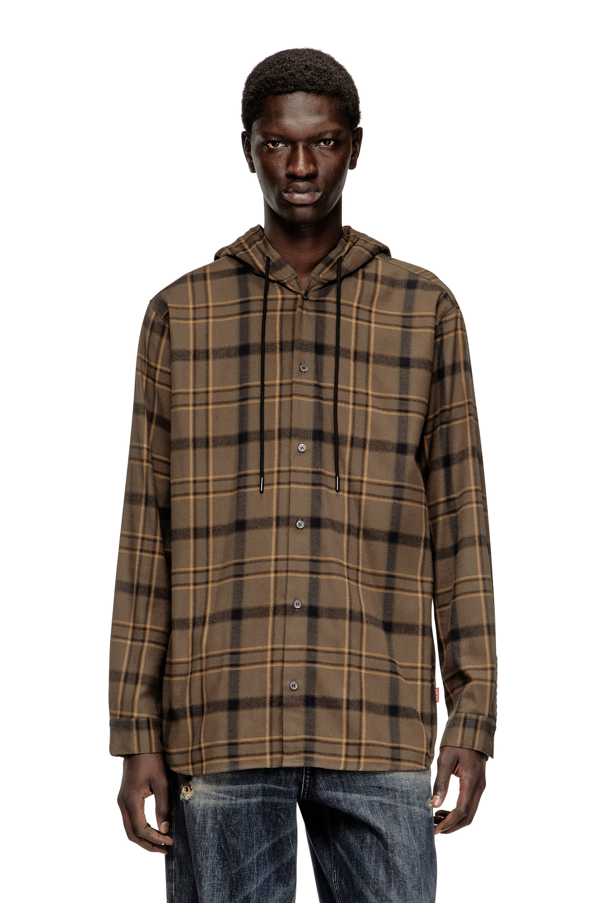 Diesel - S-IX, Man's Hooded shirt in check flannel with logo in Brown - 3
