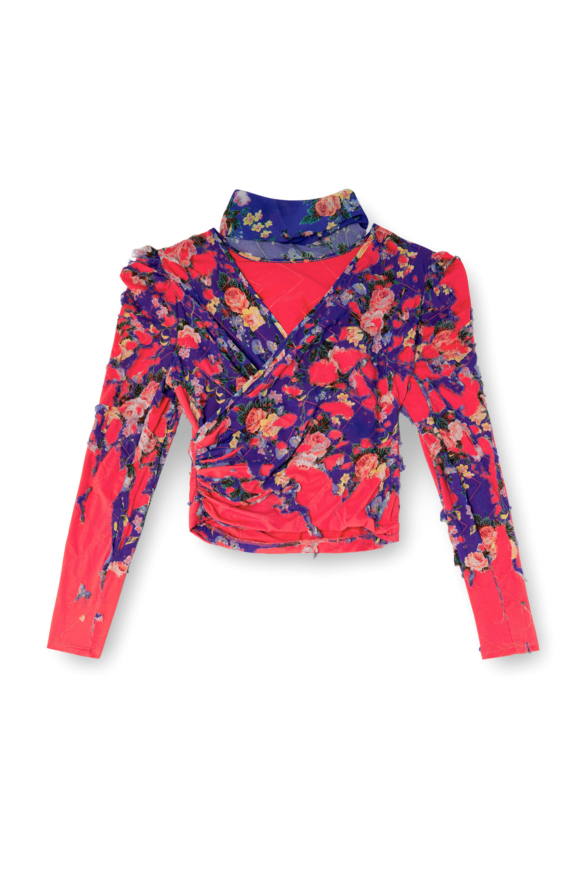 Diesel - T-FLOYAL, Woman's Puff-sleeve scarf neck top with devoré in Pink/Blue - 2