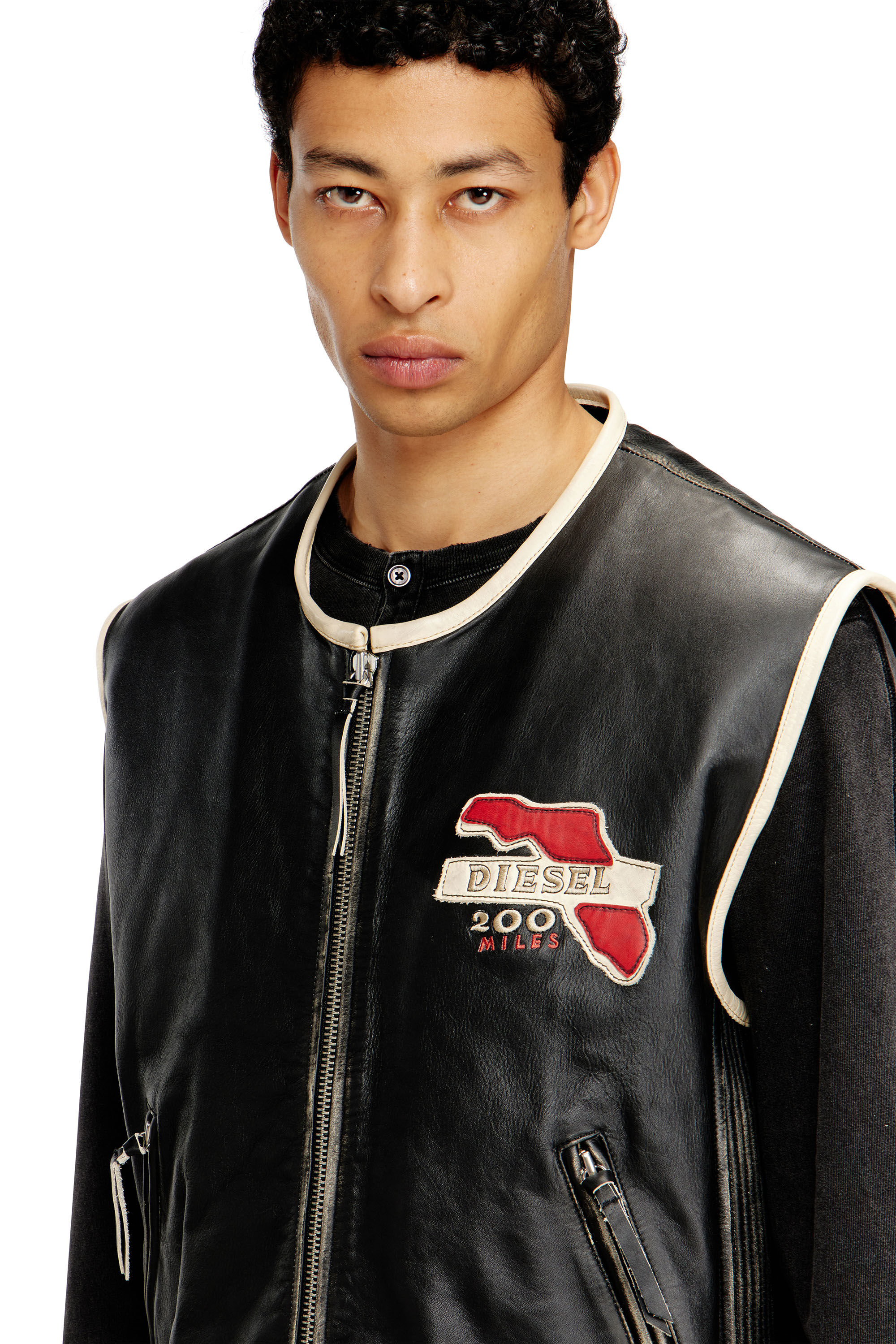 Diesel - L-FLYING-20TH, Man's Leather vest with embroidered patches in Black - 5