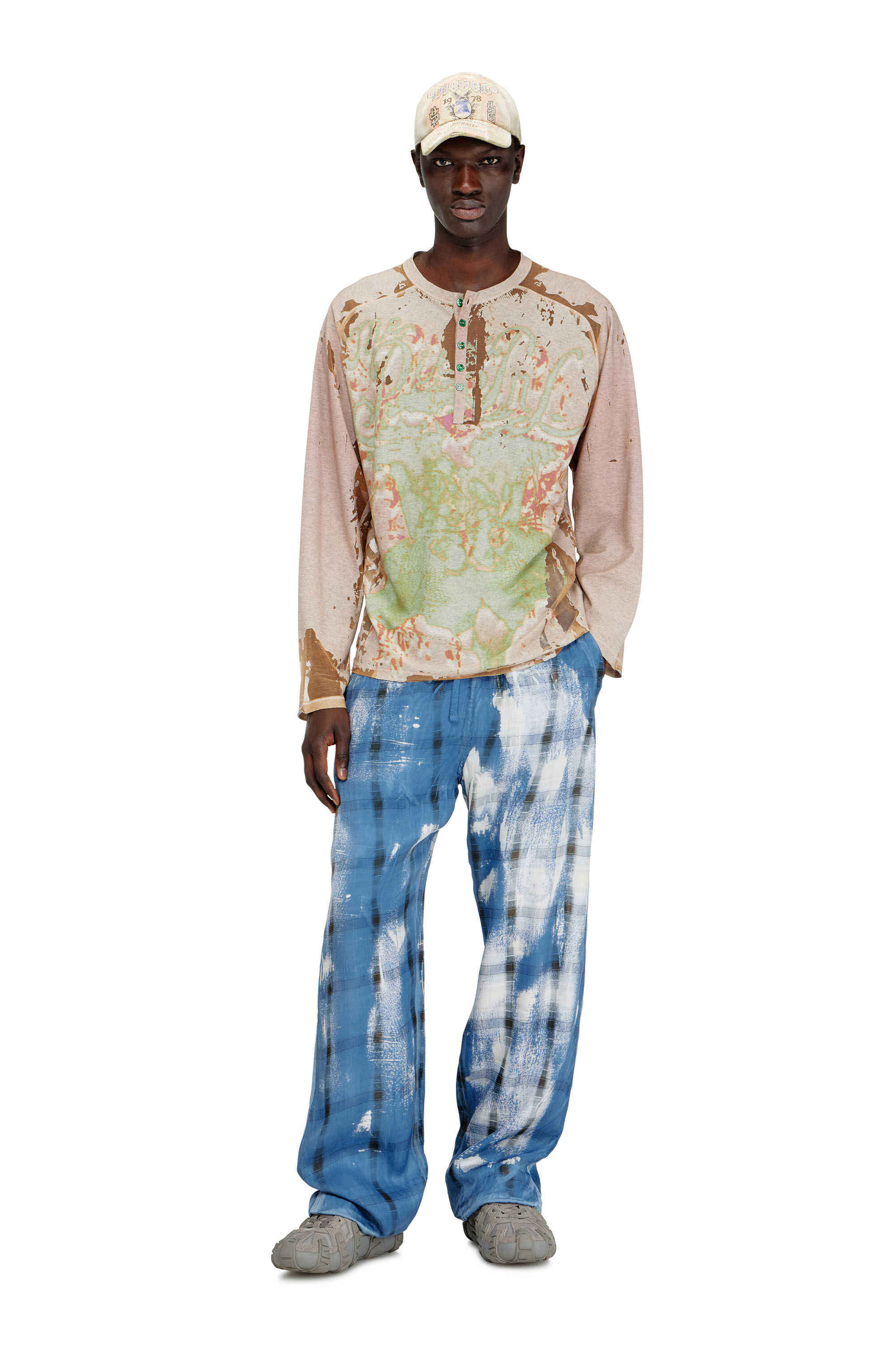 Diesel - T-LIVO-LS, Man's Henley shirt in printed devor&eacute; jersey in Beige - 1