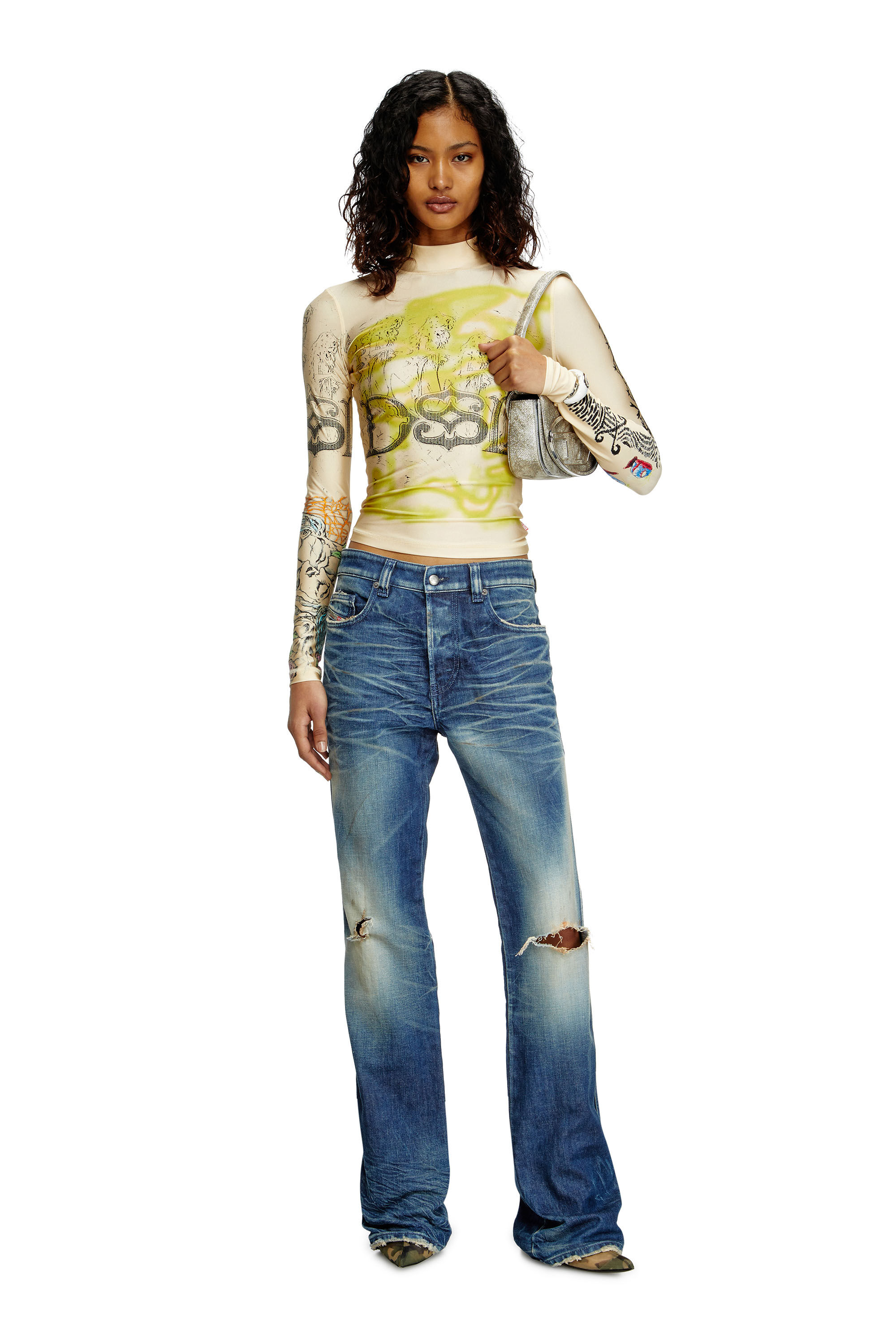 Diesel - T-IMUN, Woman's Turtleneck top with tattoo print in Beige - 1