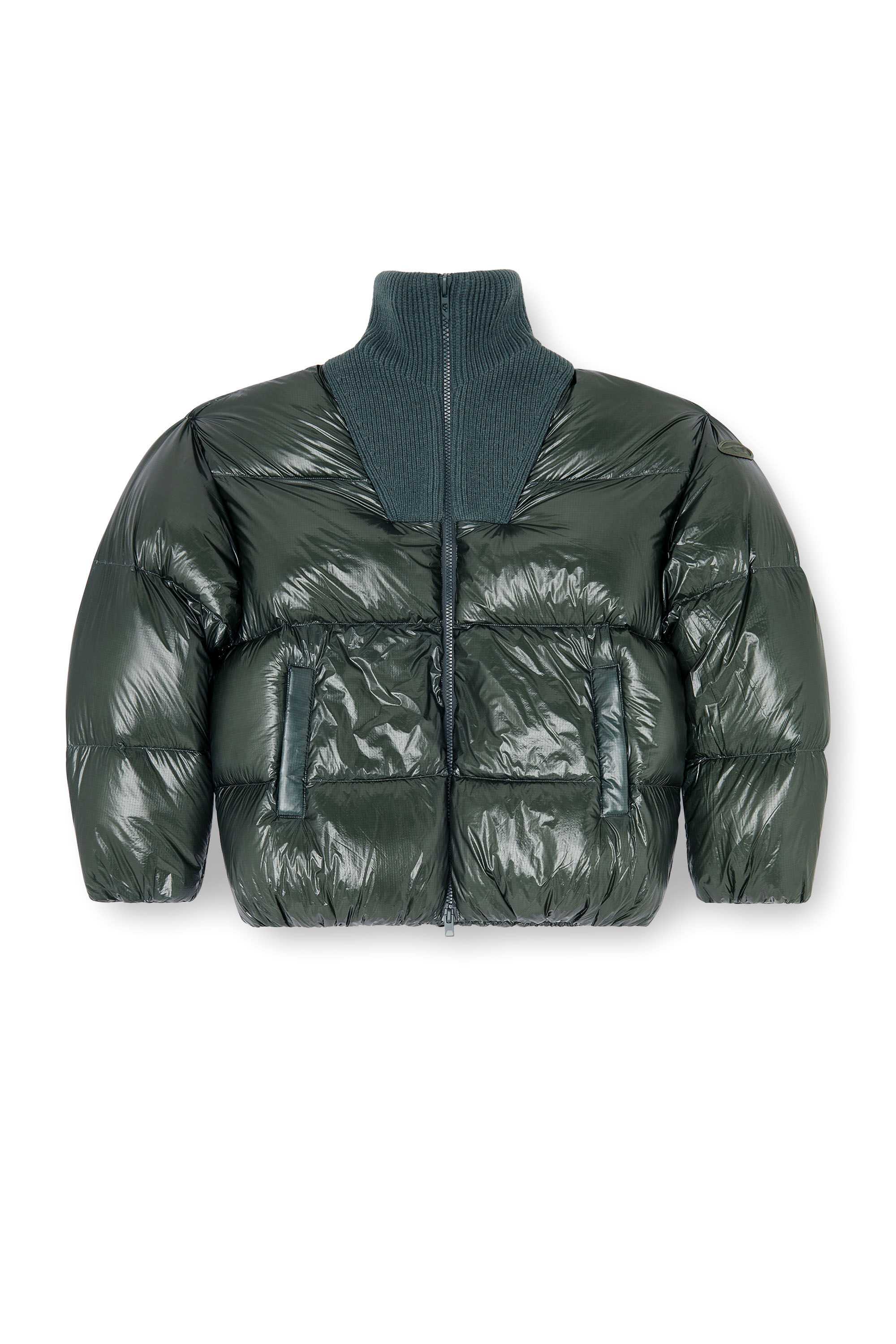Diesel - W-RIBB, Man's Down puffer jacket in ripstop with ribbed collar in Dark Green - 2