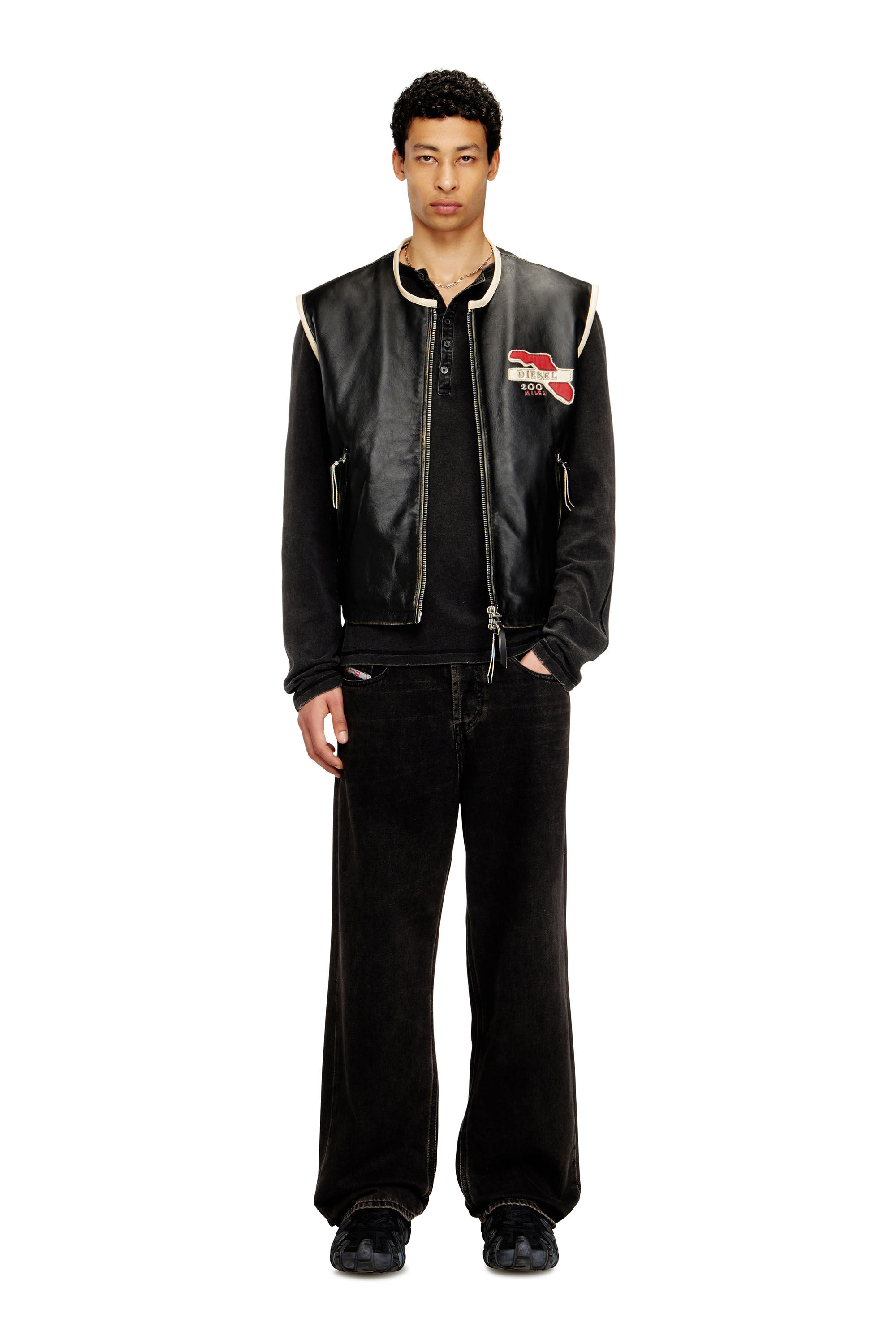 Diesel - L-FLYING-20TH, Man's Leather vest with embroidered patches in Black - 1