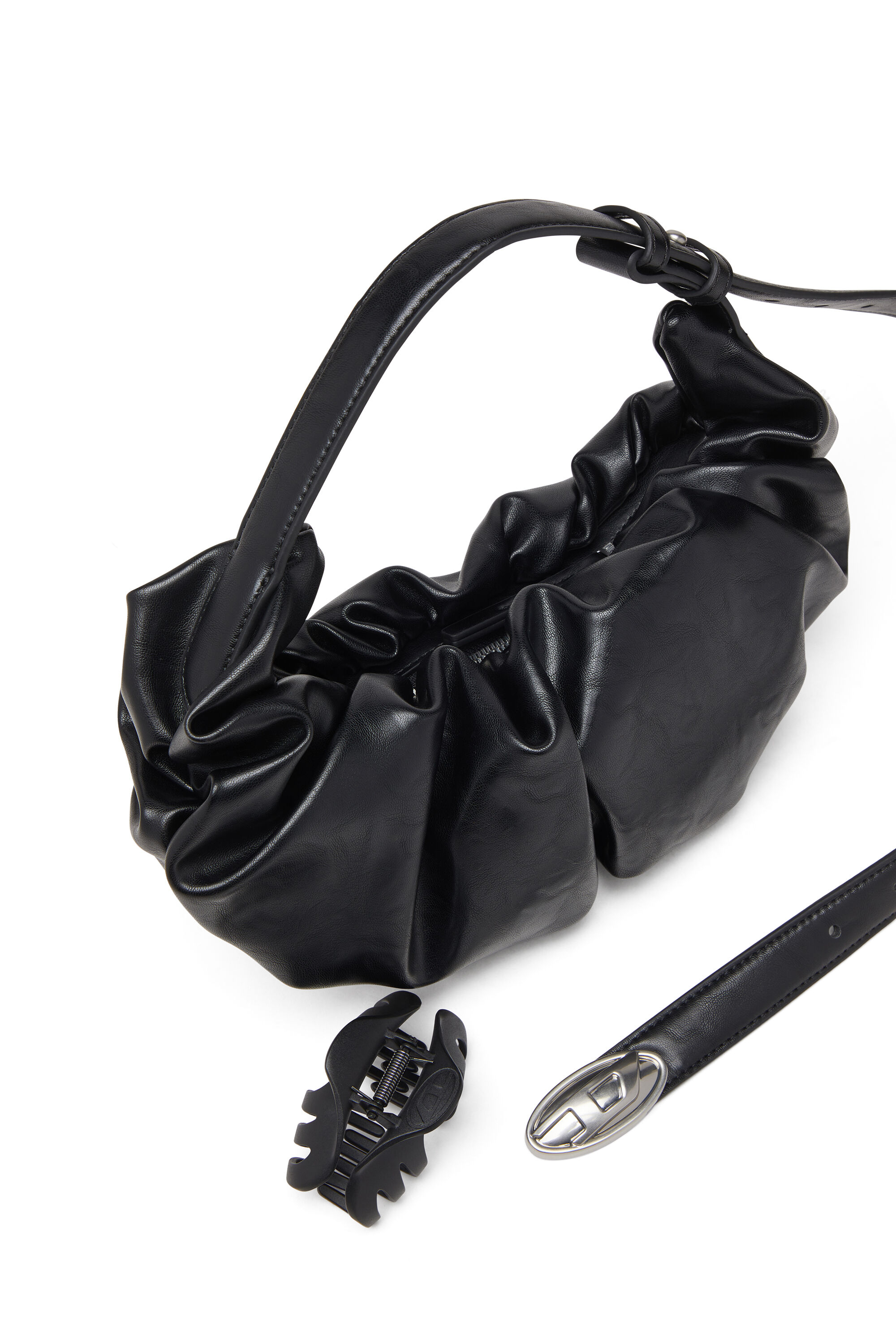 Diesel - GRAB-D HOBO S, Woman's Grab-D S-Small scrunched hobo bag in shiny PU in Black - 5