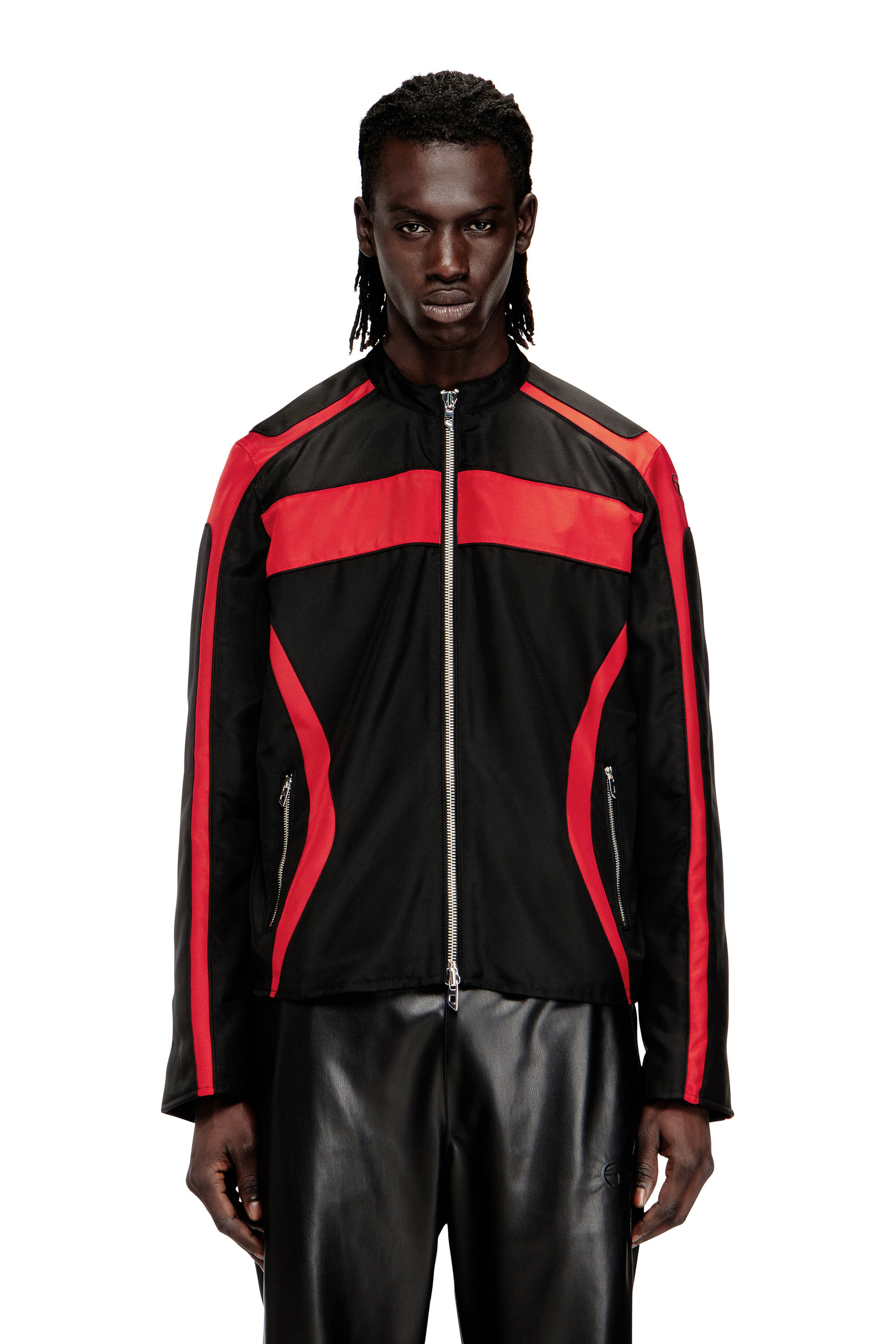 Diesel - J-ADAM-PDAI, Man's Biker-style jacket in colour-block canvas in Black/Red - 3