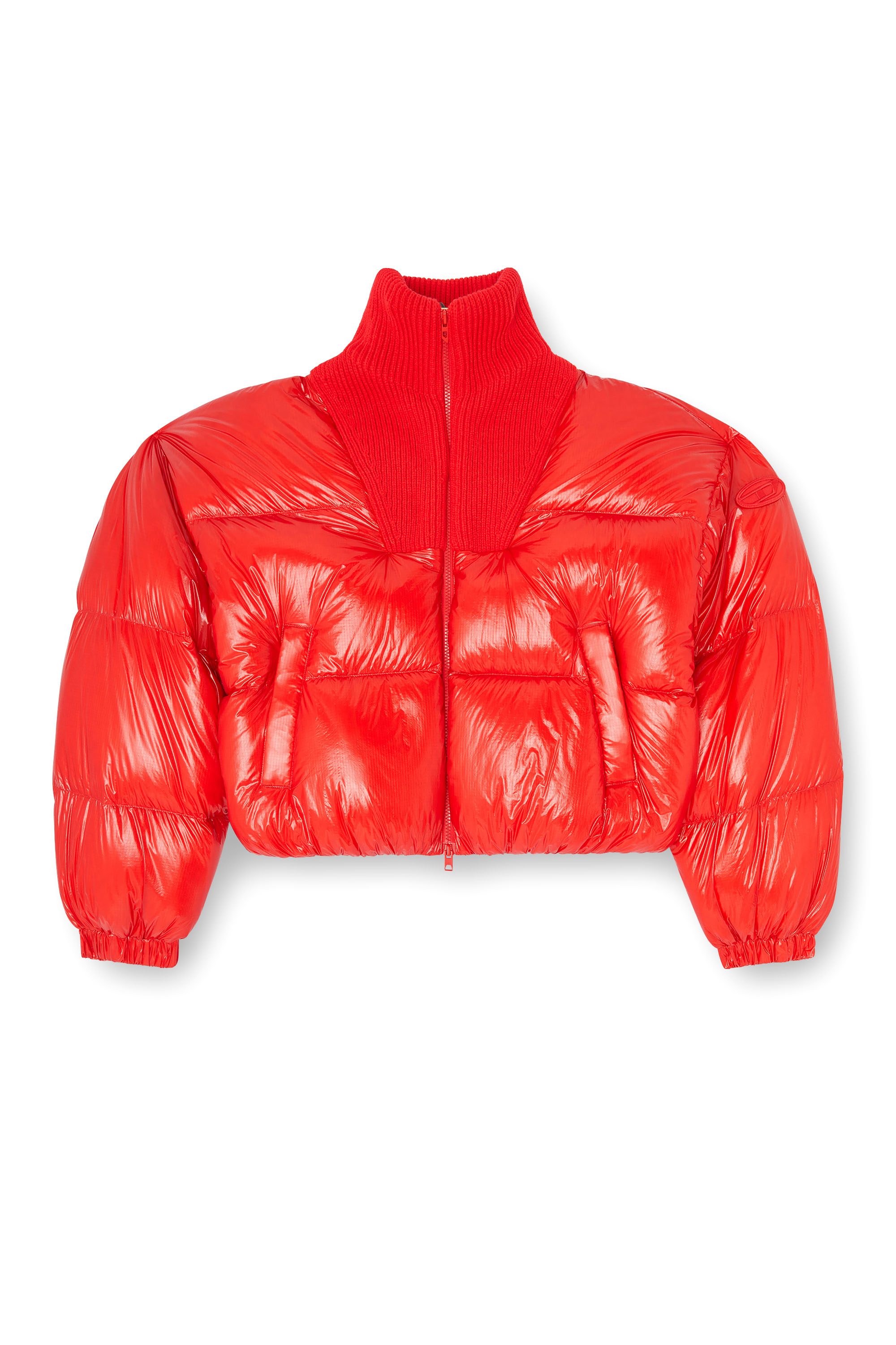 Diesel - W-ARRIOR, Woman's Down puffer jacket in ripstop with knitted collar in Red - 2