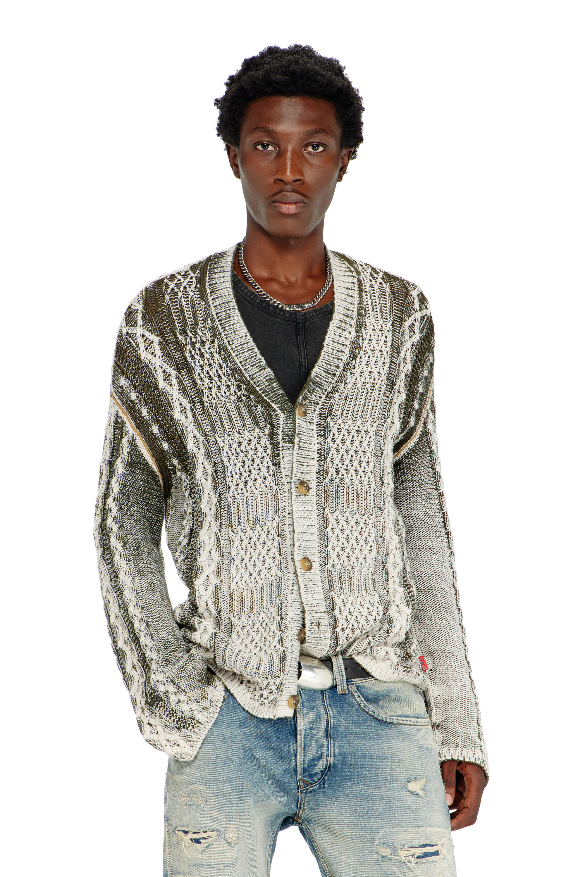 Diesel - K-MIOTO, Man's Treated cable-knit cardigan in White/Grey - 3