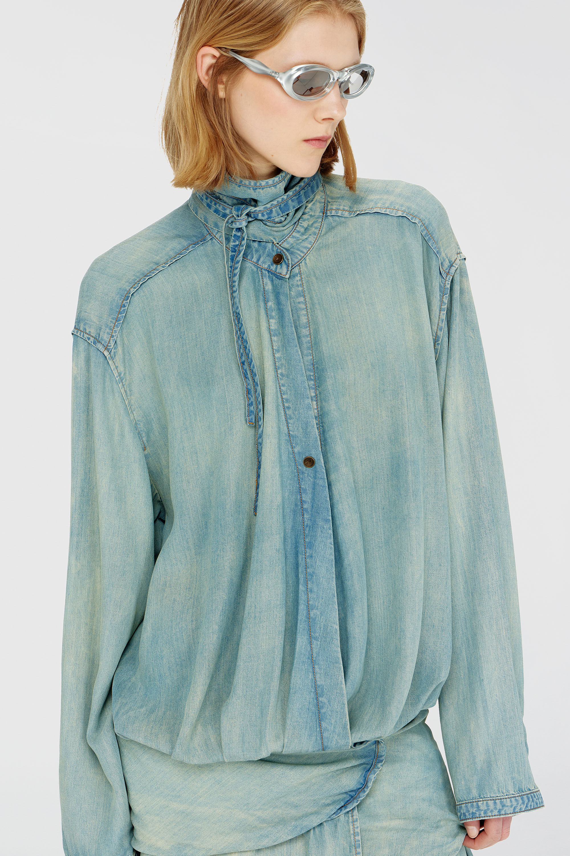 Diesel - DE-TILORA-S, Woman's Oversized draped denim shirt dress in Light Blue - 5