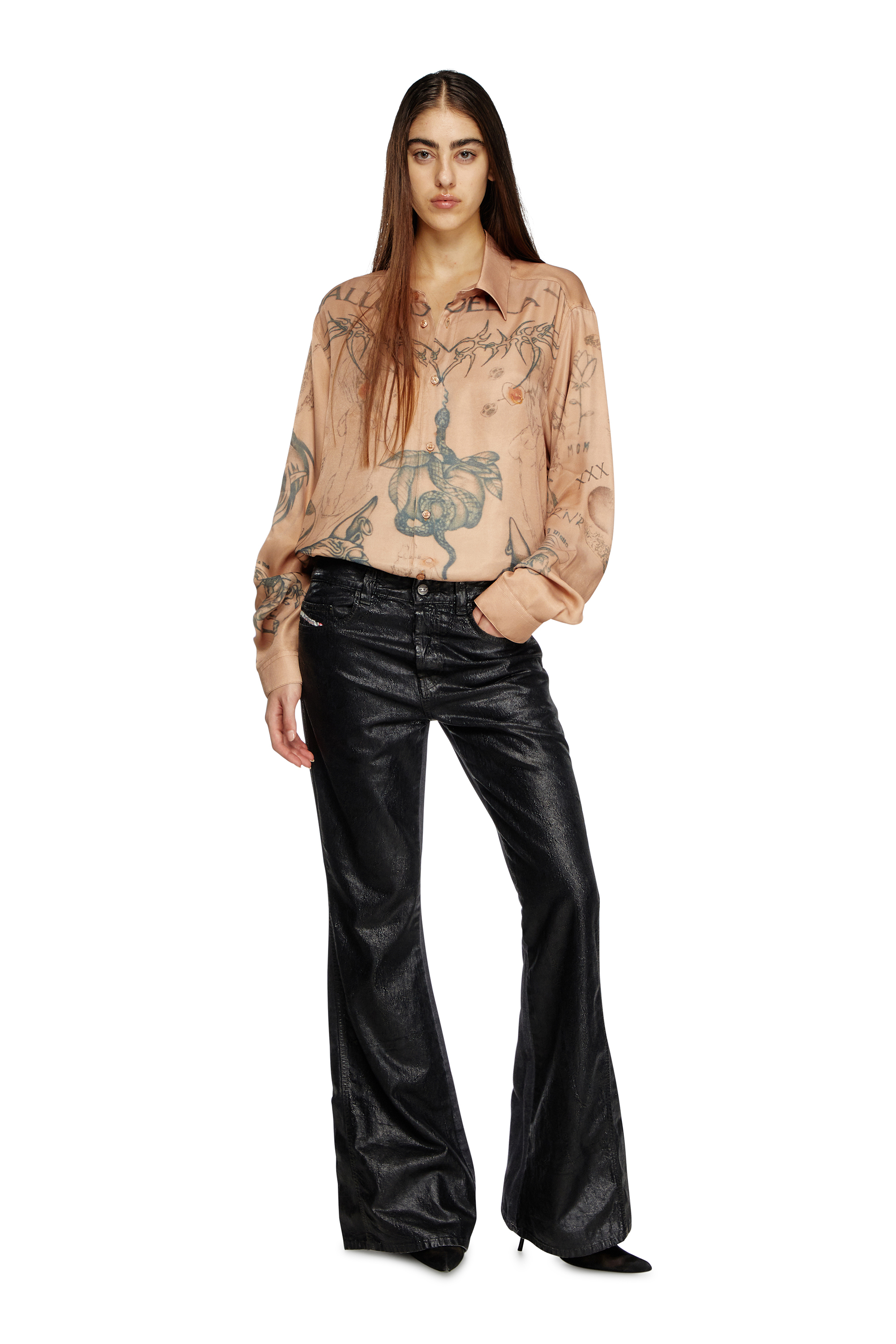 Diesel - S-SIMPLY-TTO-DD, Unisex's Fluid satin shirt with tattoo print in Beige - 7