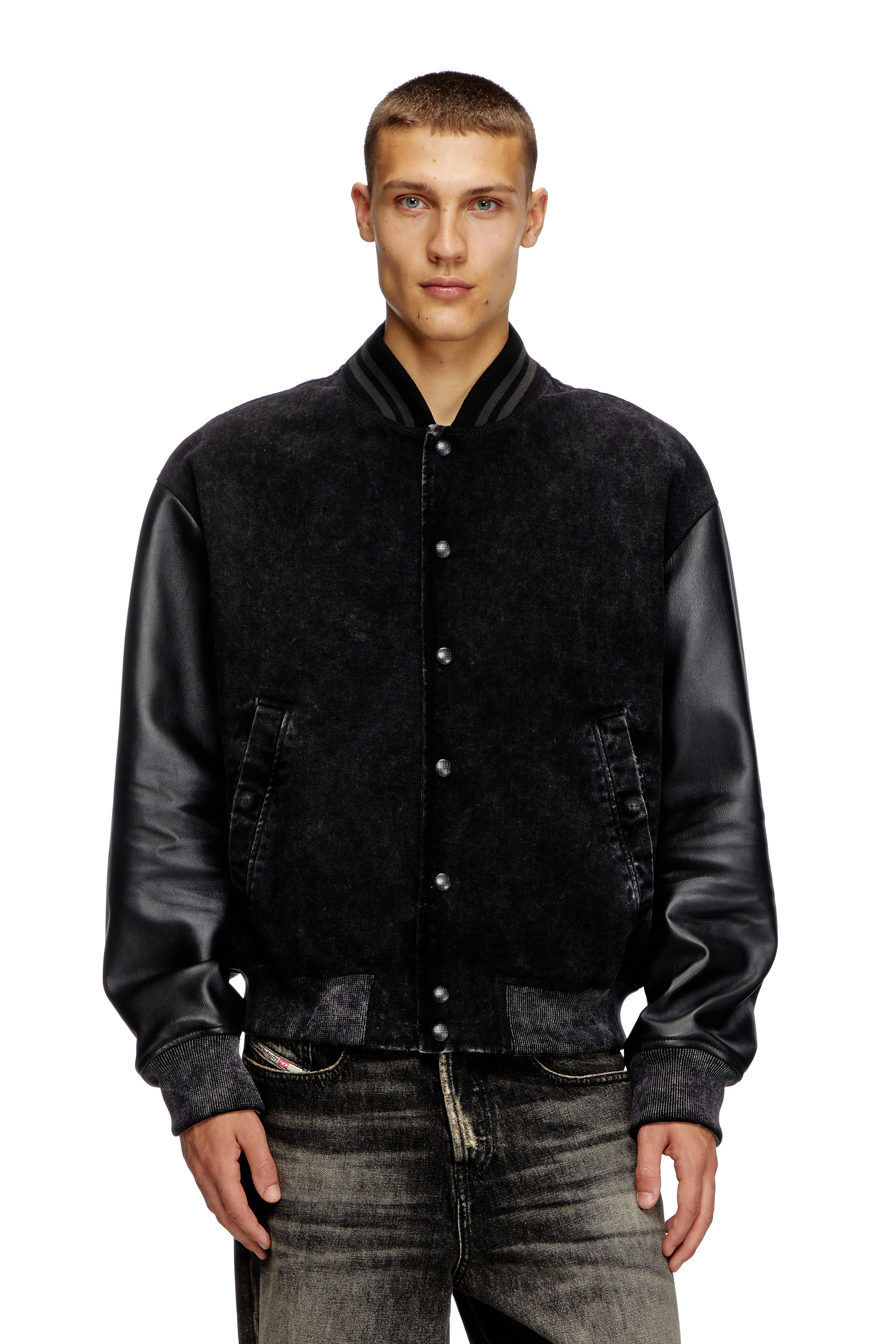 Diesel - L-NYN, Man's Denim and leather bomber jacket in Black - 1