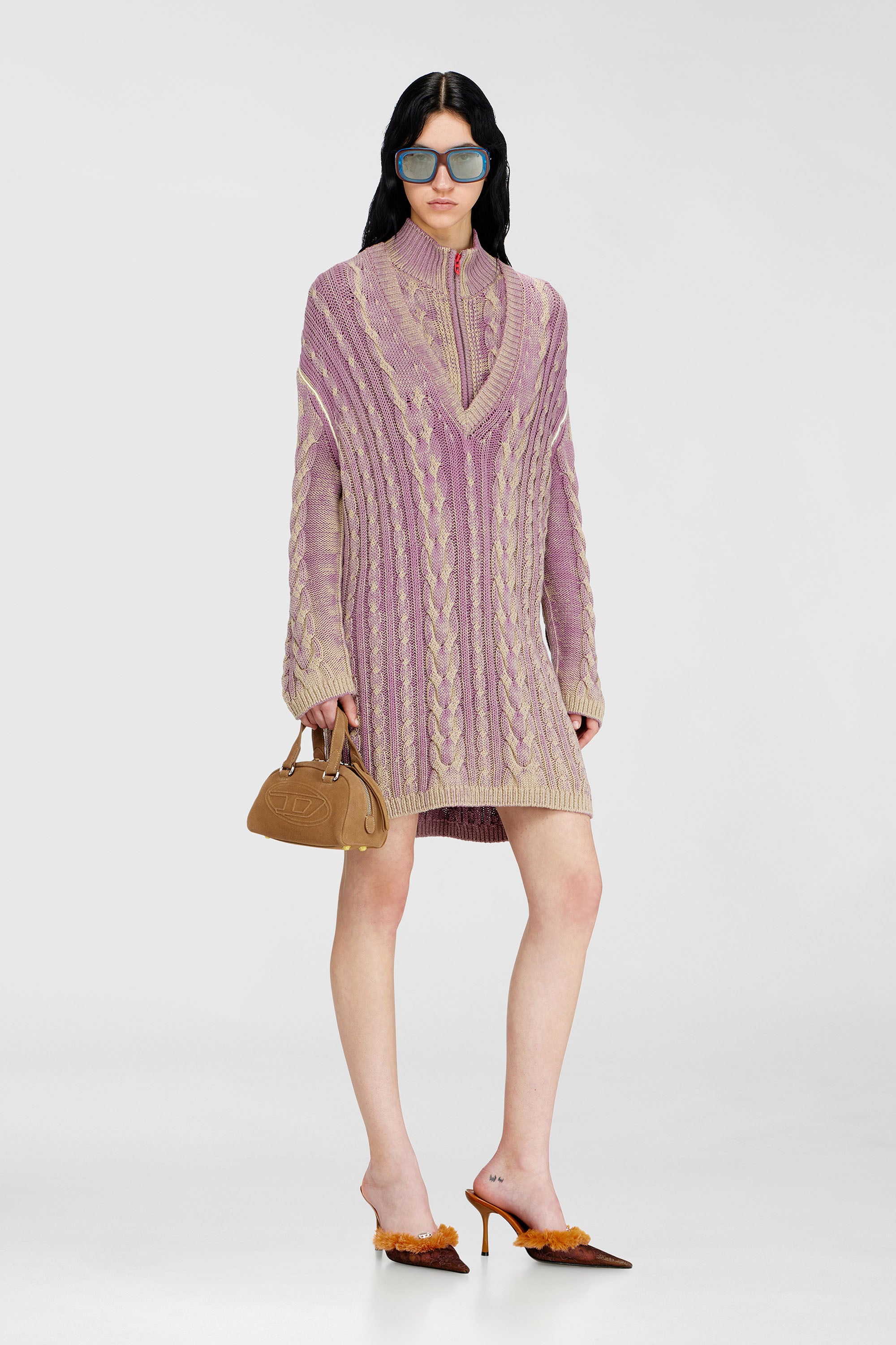 Diesel - M-ELGA, Woman's Short sweater dress in cable knit in Lilac - 1