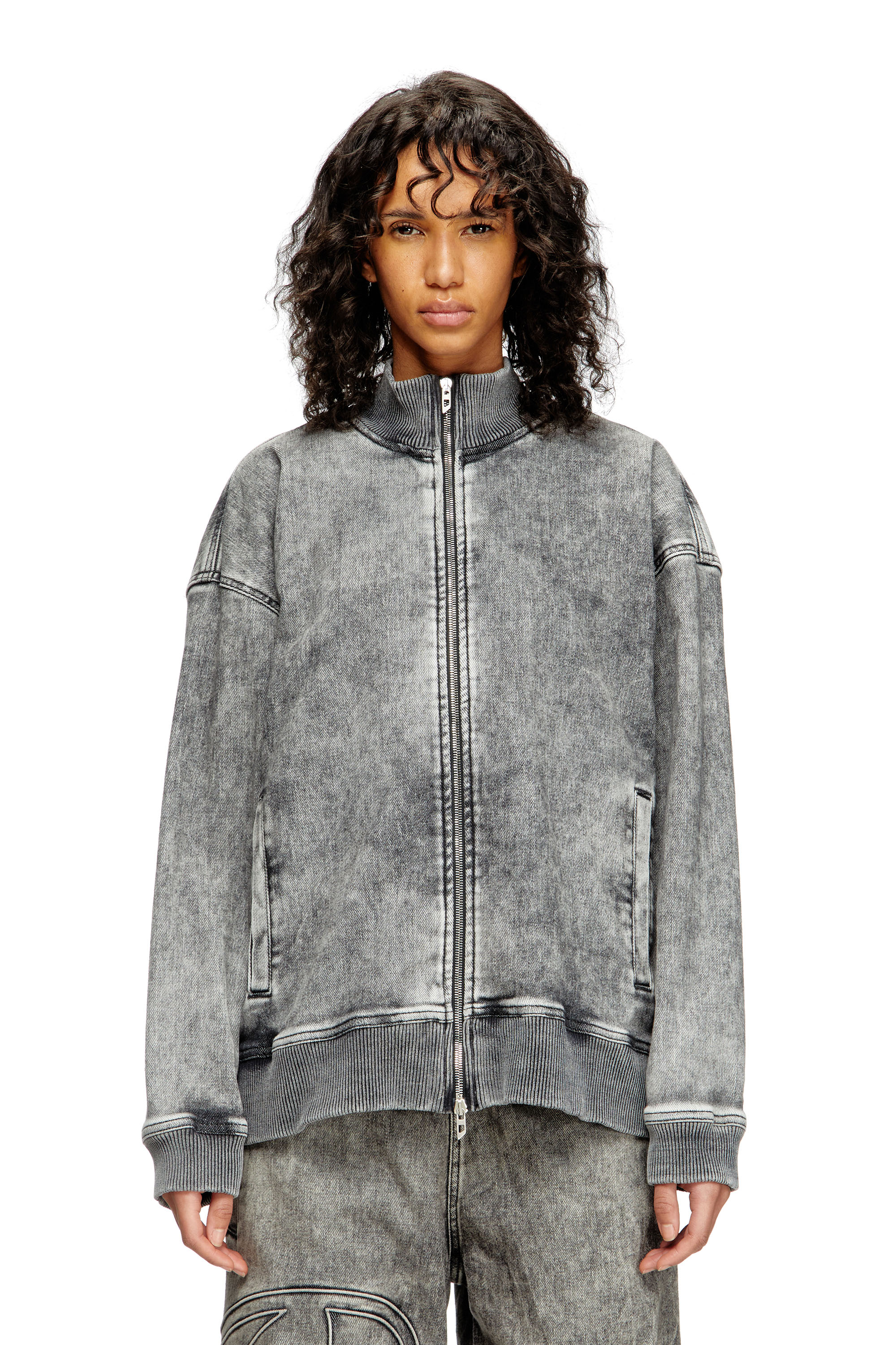 Diesel - D-CARLY-S TRACK, Unisex's Track Denim zip-up sweater with Oval D in Dark grey - 1