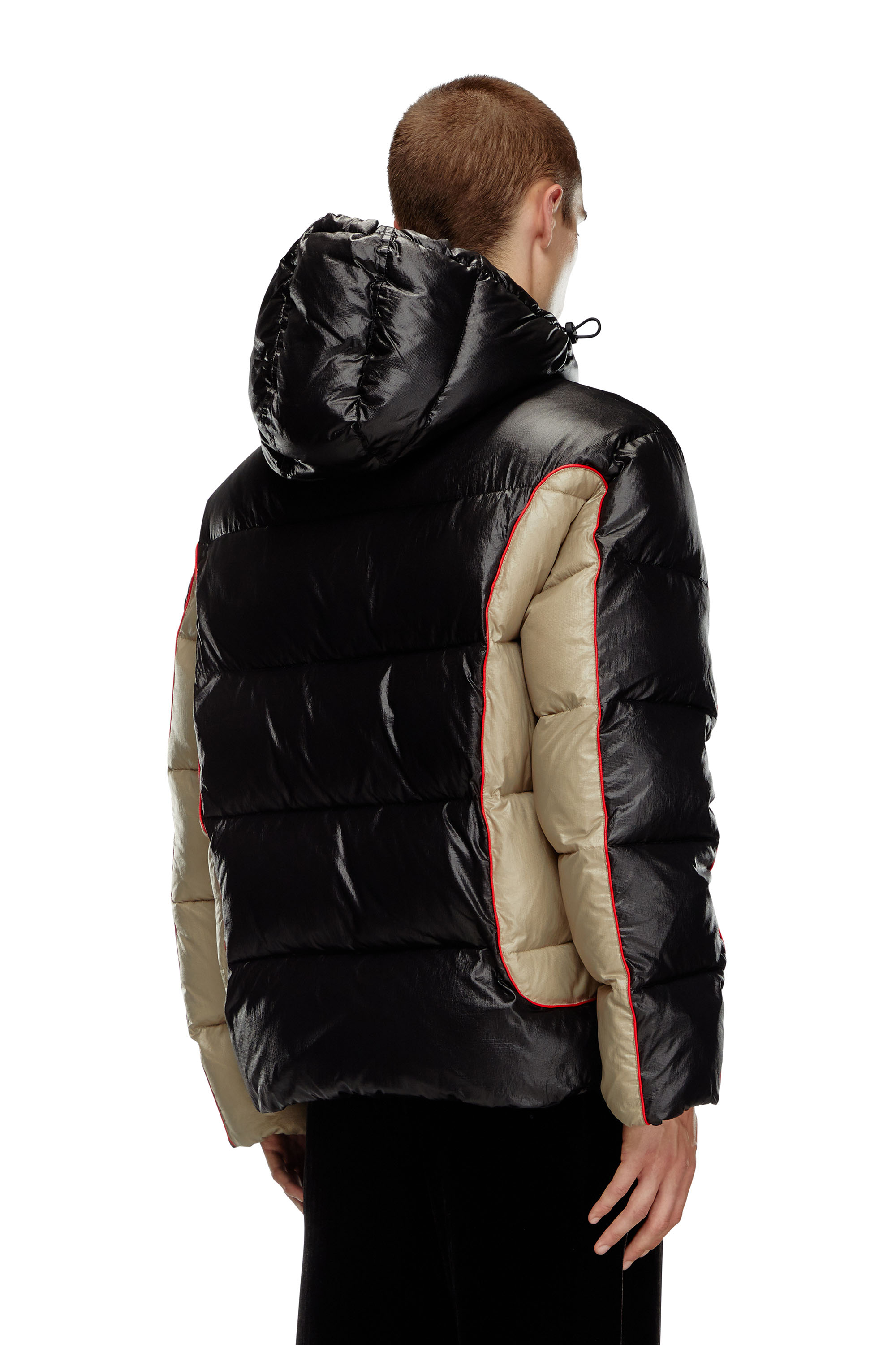 Diesel - W-OSTEND, Man's Hooded puffer jacket in shiny ripstop in Black/Beige - 4