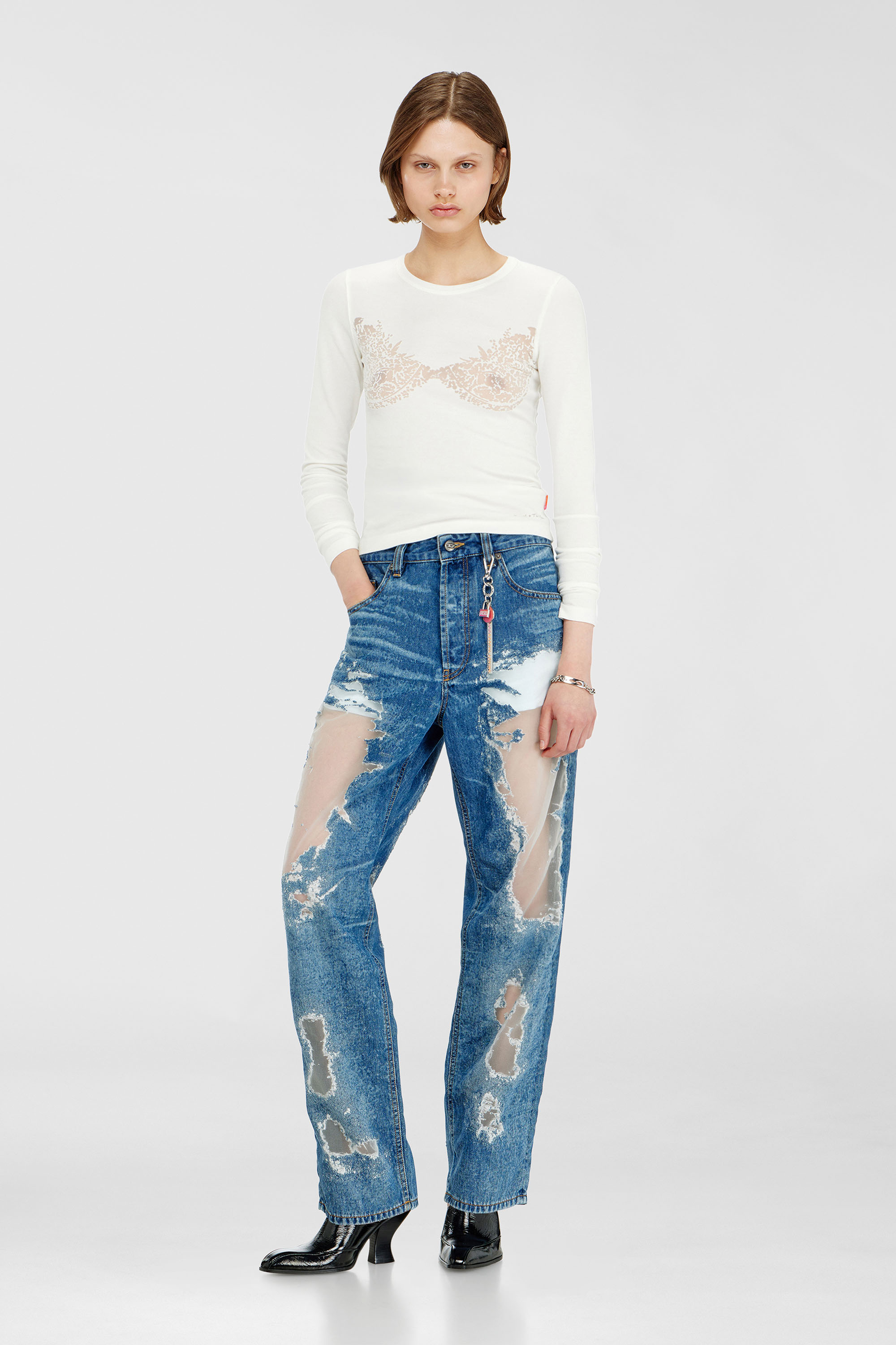 Diesel - PR-T-MOKKI-LS-R, Woman's Top with devor&eacute; lace effect in White - 1