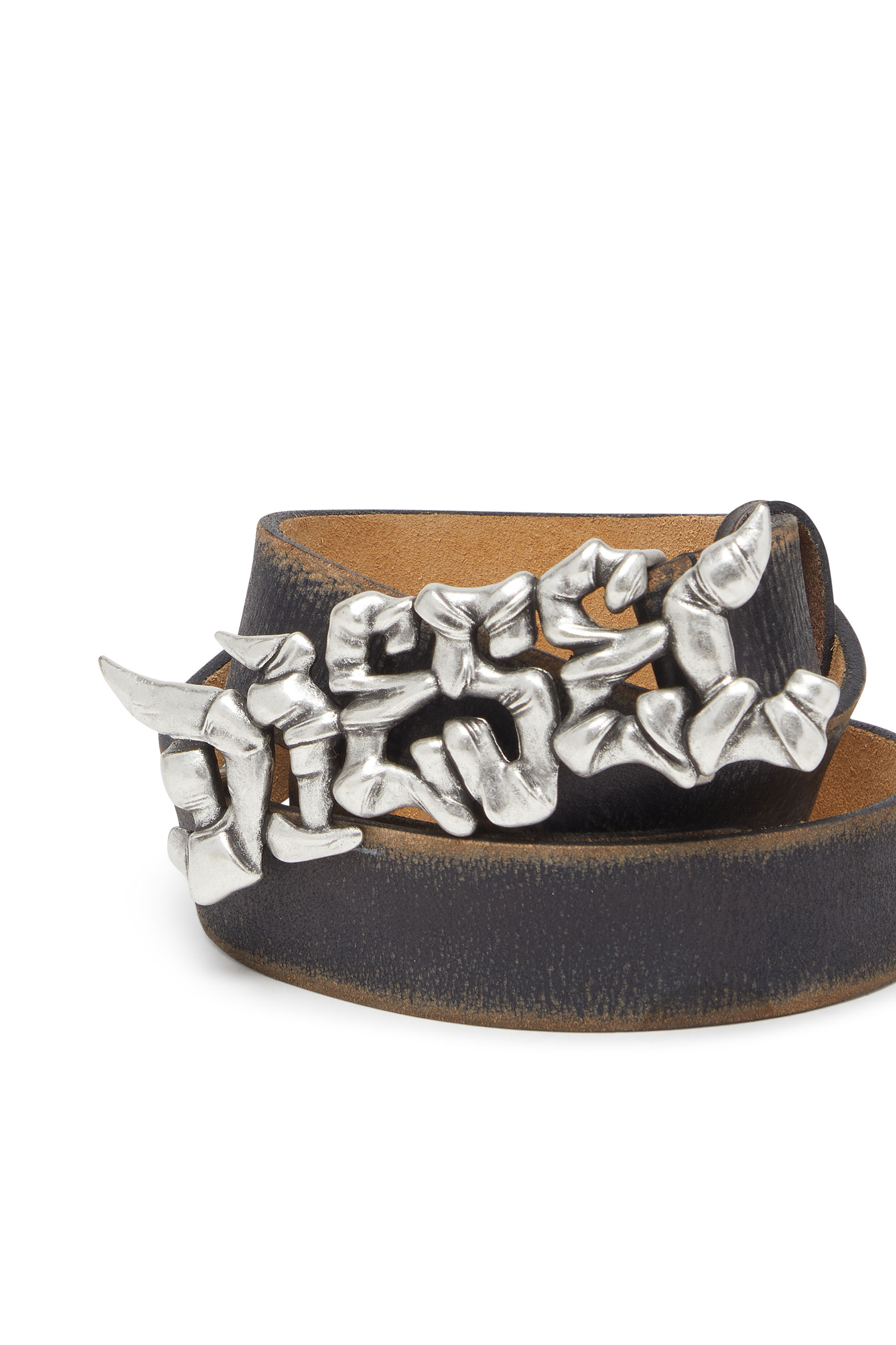 Diesel - B-GRAFFITI, Unisex's 3.5cm treated leather belt with graffiti buckle in Black/Beige - 3