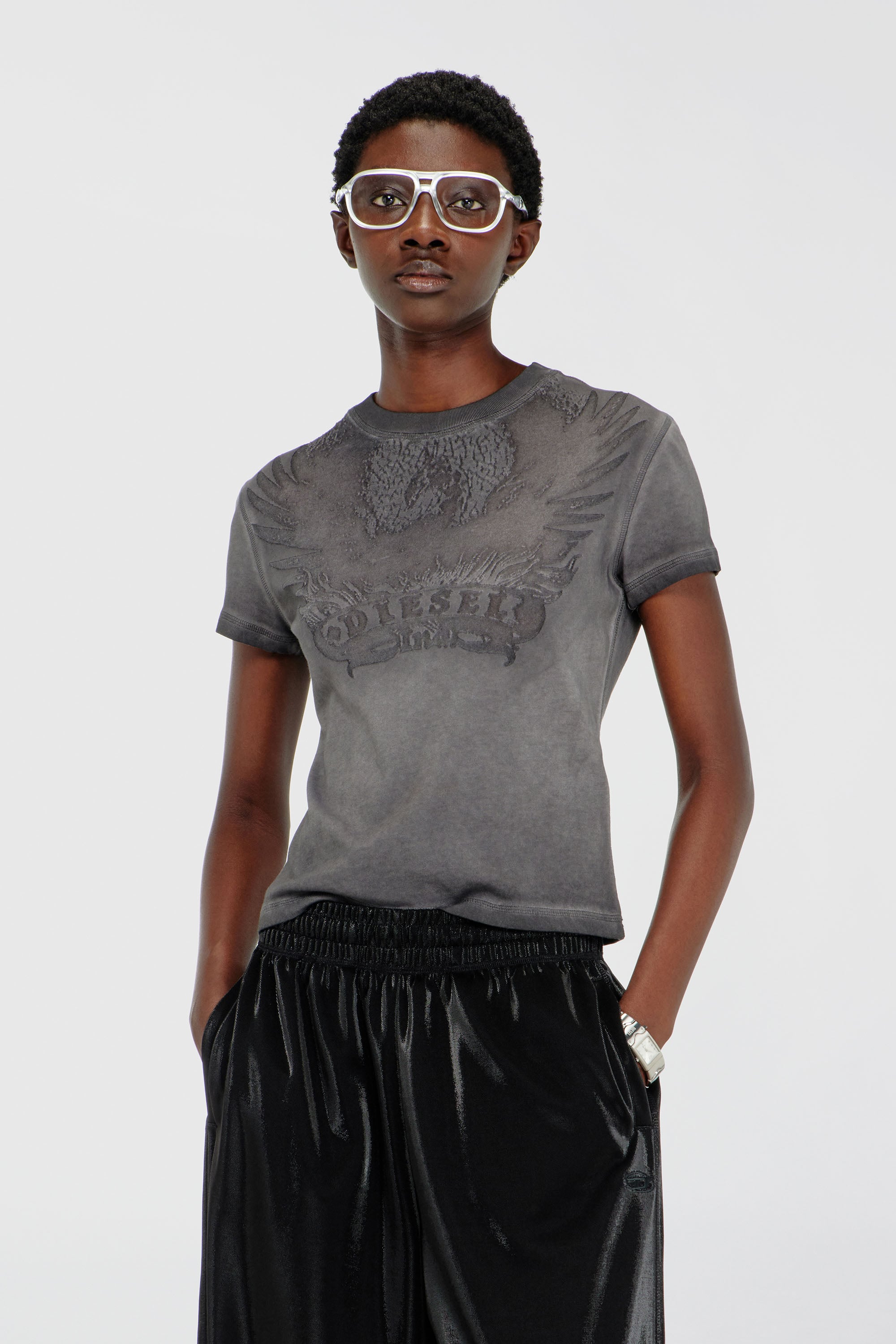 Diesel - T-ILA-AA7, Woman's Slim T-shirt with d&eacute;vor&eacute; Phoenix in Dark grey - 1