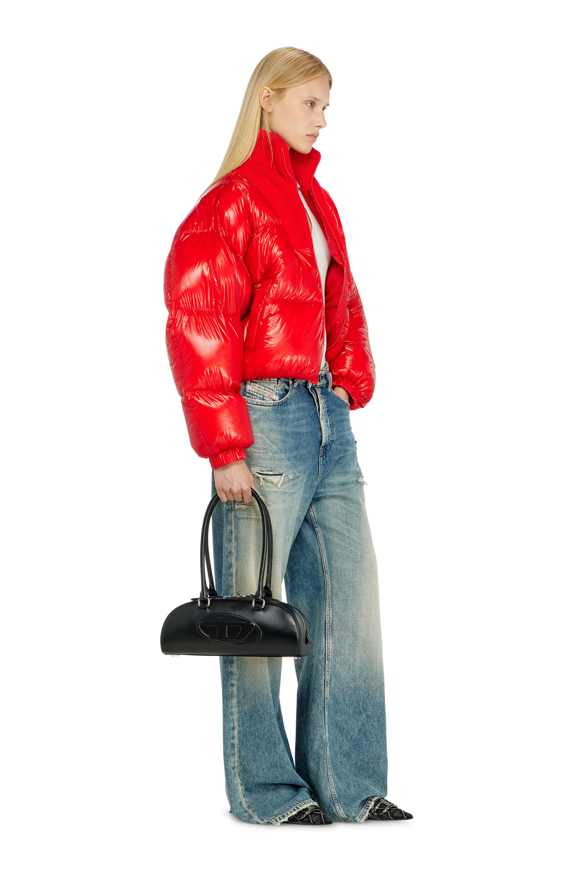 Diesel - W-ARRIOR, Woman's Down puffer jacket in ripstop with knitted collar in Red - 1