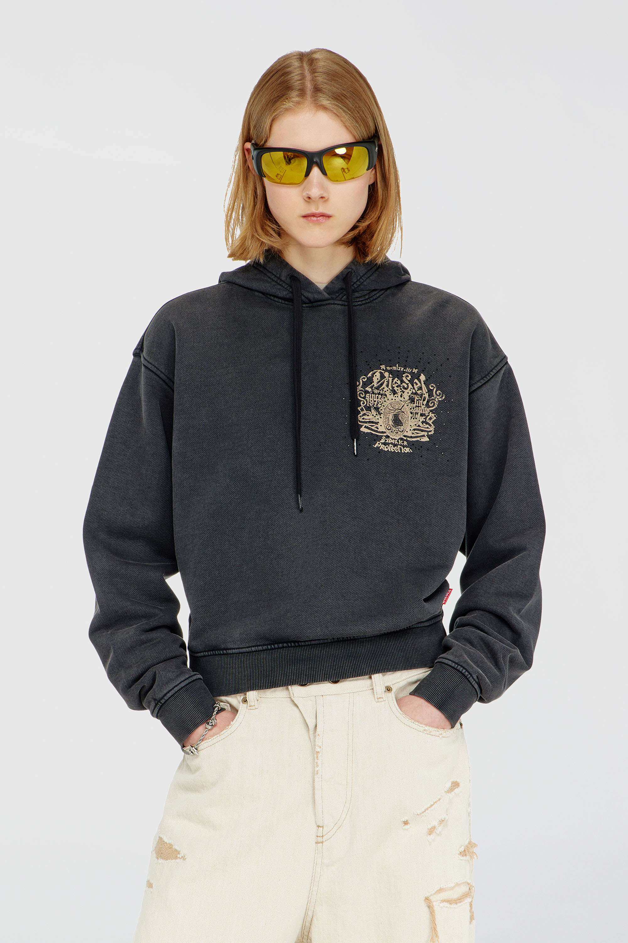 Diesel - F-PHOENY, Woman's Hoodie with prints and rhinestone studs in Black - 3