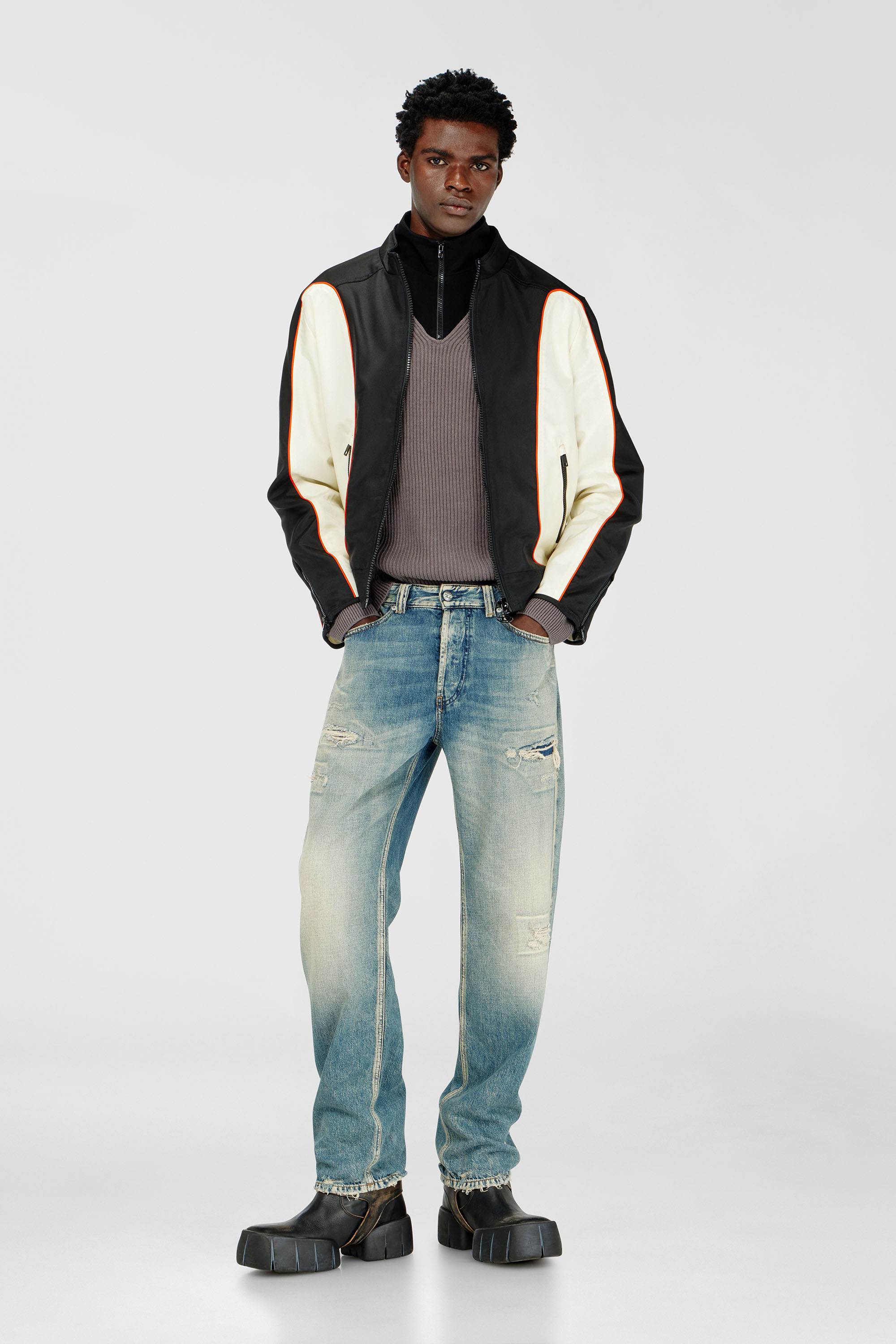 Nylon jacket with color block and piping details