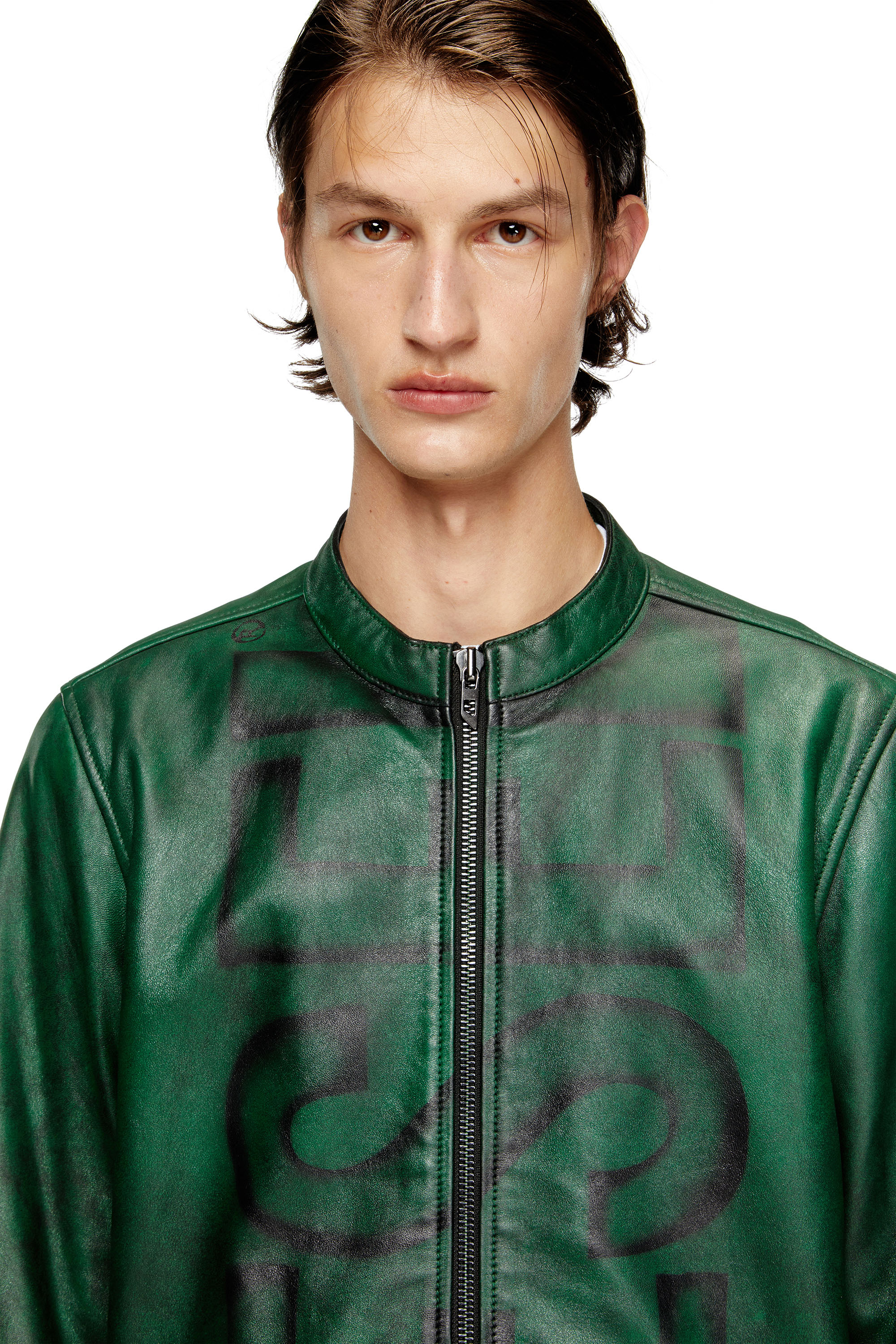 Diesel - L-EVERT-A, Man's Treated leather biker jacket with faded logo in Green - 5