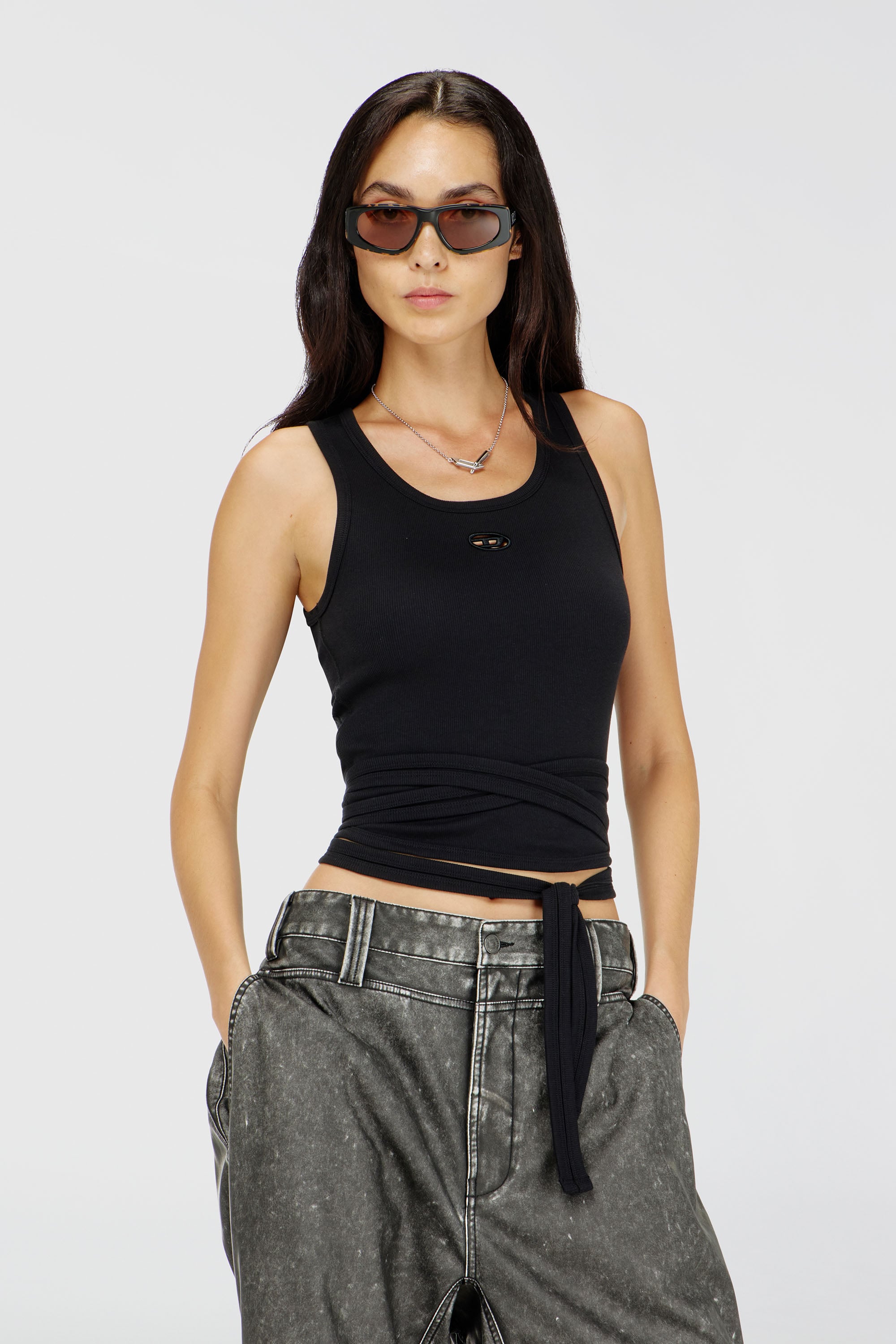 Diesel - T-ANKY-TAIL-S1, Woman's Crop top with wrap-around laces in Black - 3