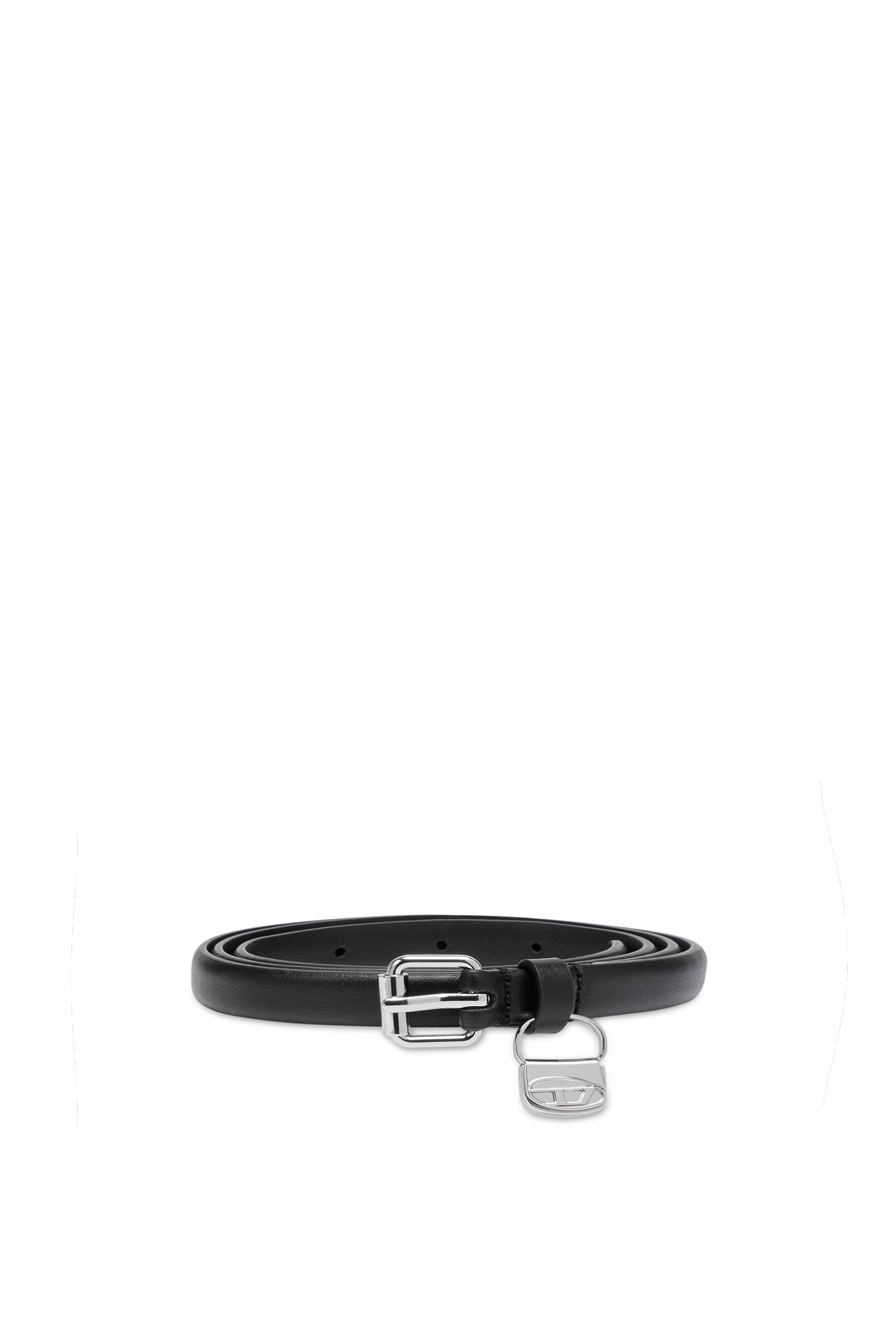 Diesel - B-CHARM HIP, Woman's 1.4cm slim leather belt with 1DR bag charm in Black - 1