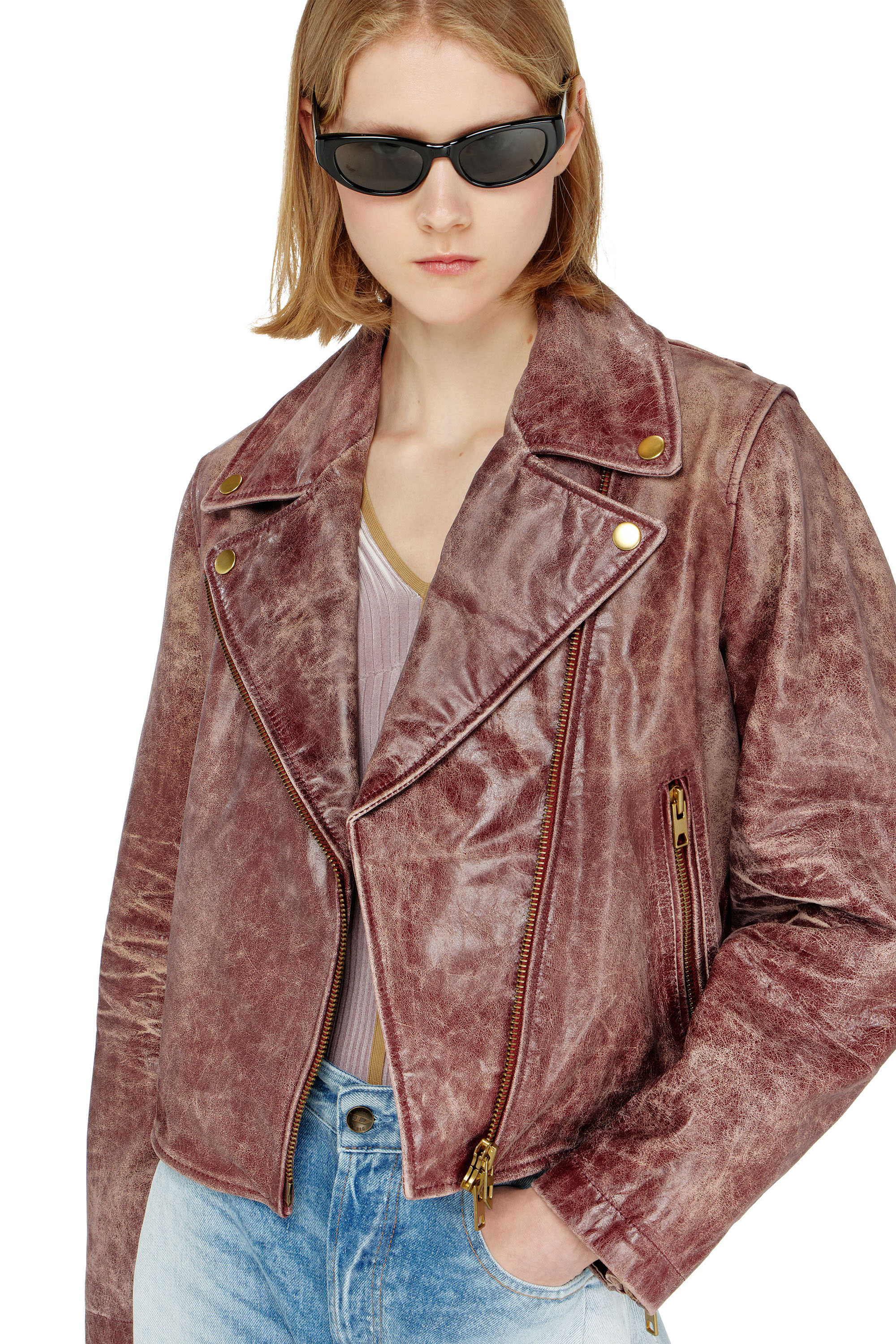 Diesel - L-UNATIC-T1, Woman's Biker jacket in treated leather in null - 6