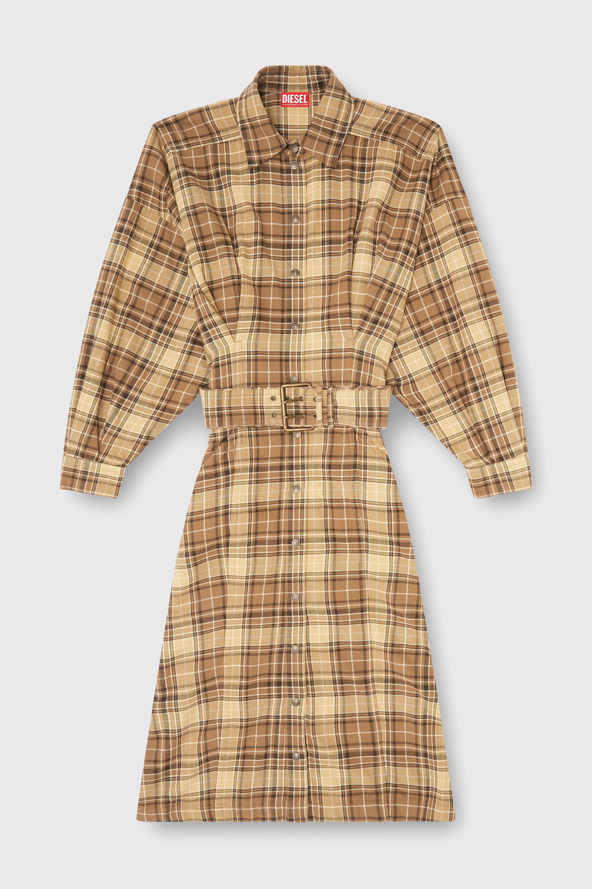 Diesel - D-EDALUS, Woman's Midi dress in check flannel with wide belt in Brown/Yellow - 2