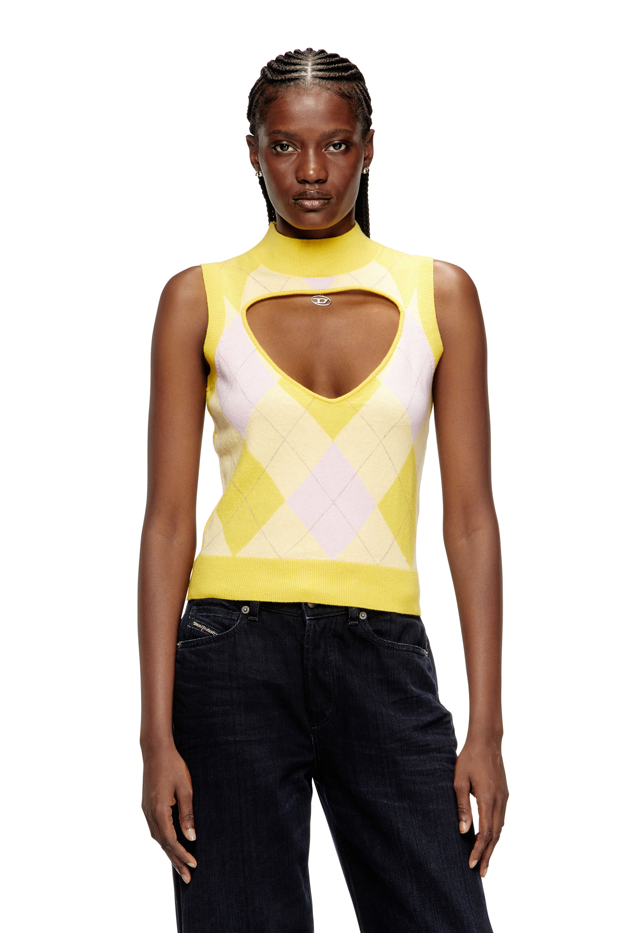 Diesel - M-ROMKO-SL, Woman's Cut-out turtleneck vest in argyle wool in Yellow - 3