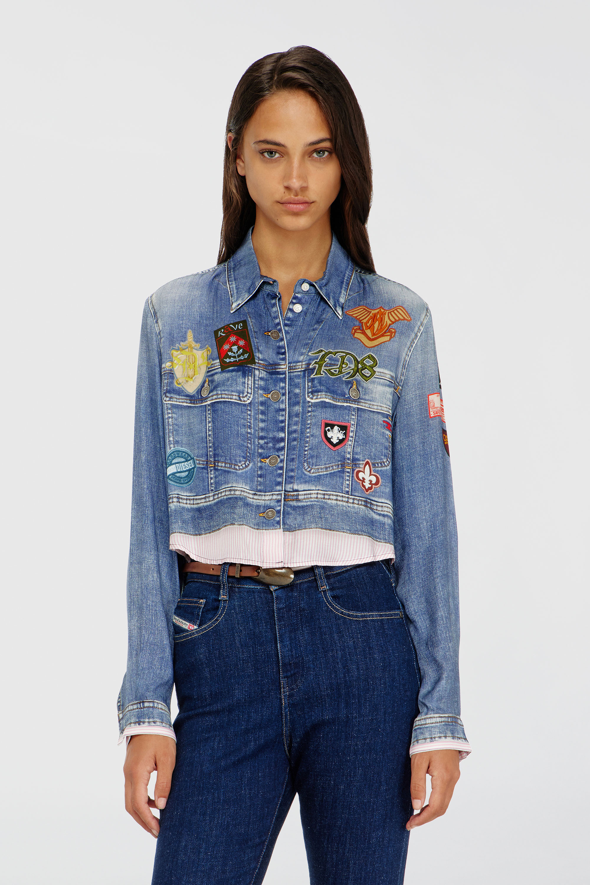 Diesel - C-LONE, Woman's Cropped satin shirt with trompe-l&rsquo;oeil denim print in Medium blue - 1