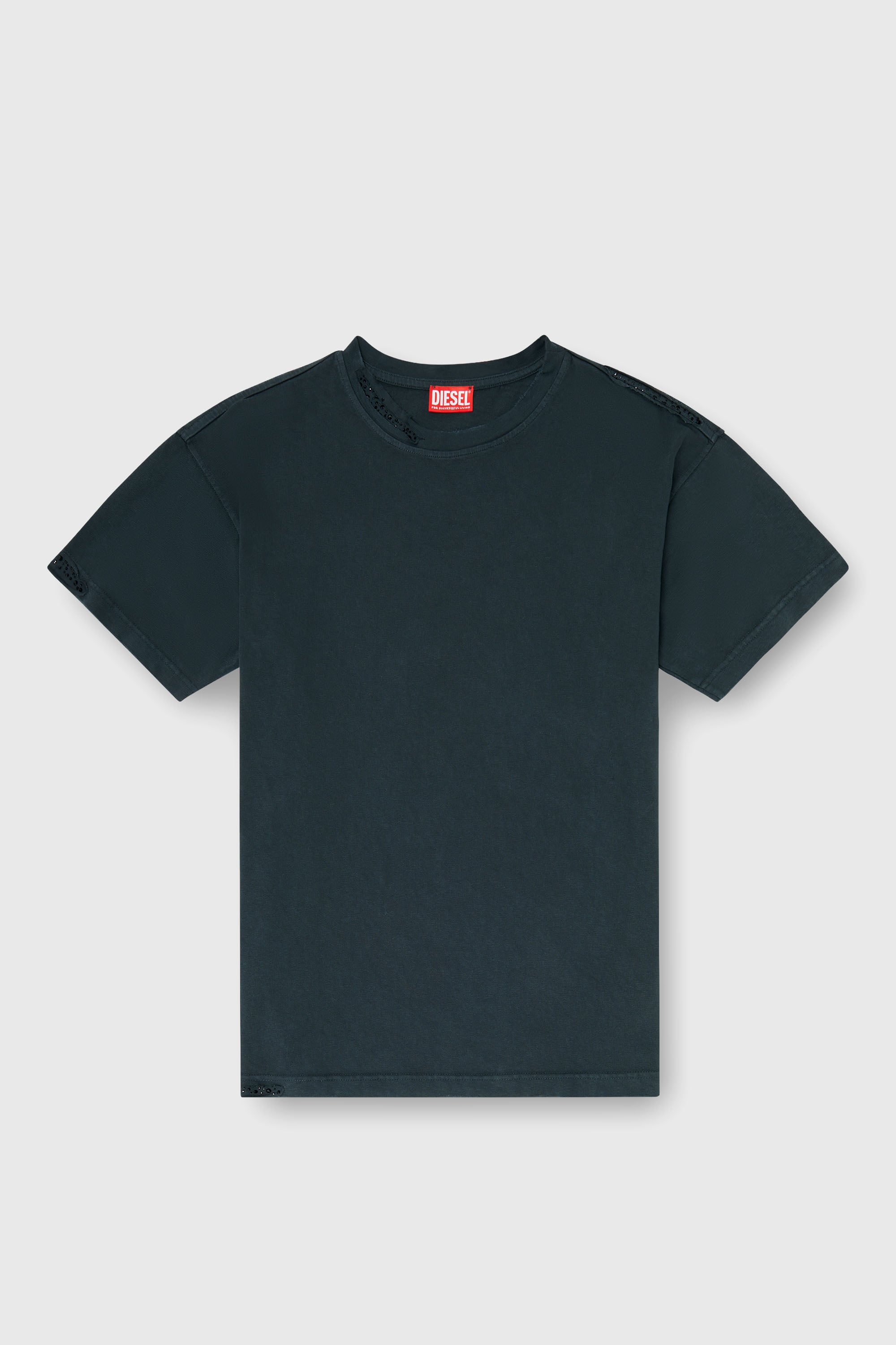 Diesel - T-NORM-CRYSTALS, Man's T-shirt with frayed edges and crystal details in Black - 2