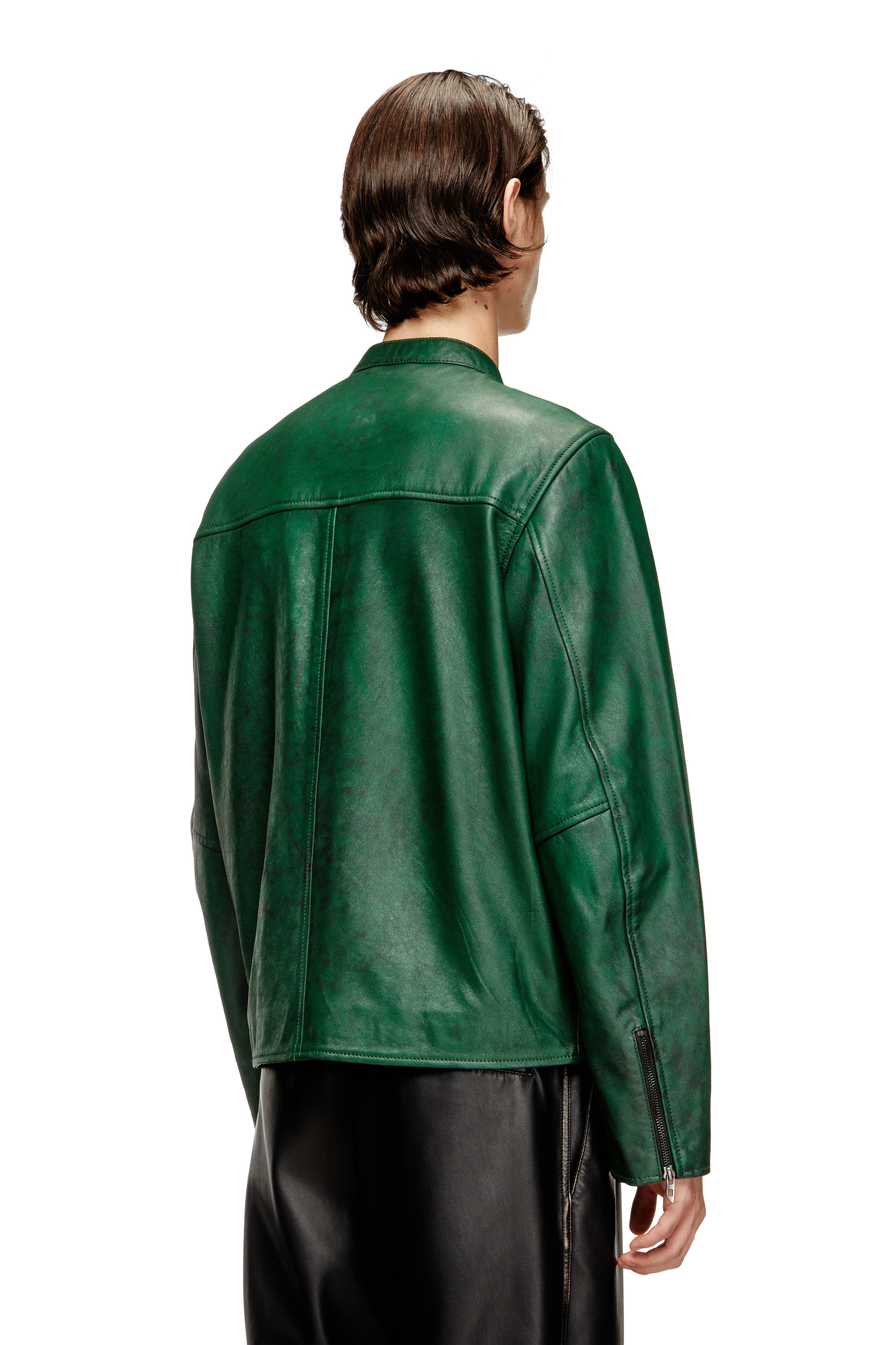 Diesel - L-EVERT-A, Man's Treated leather biker jacket with faded logo in Green - 4