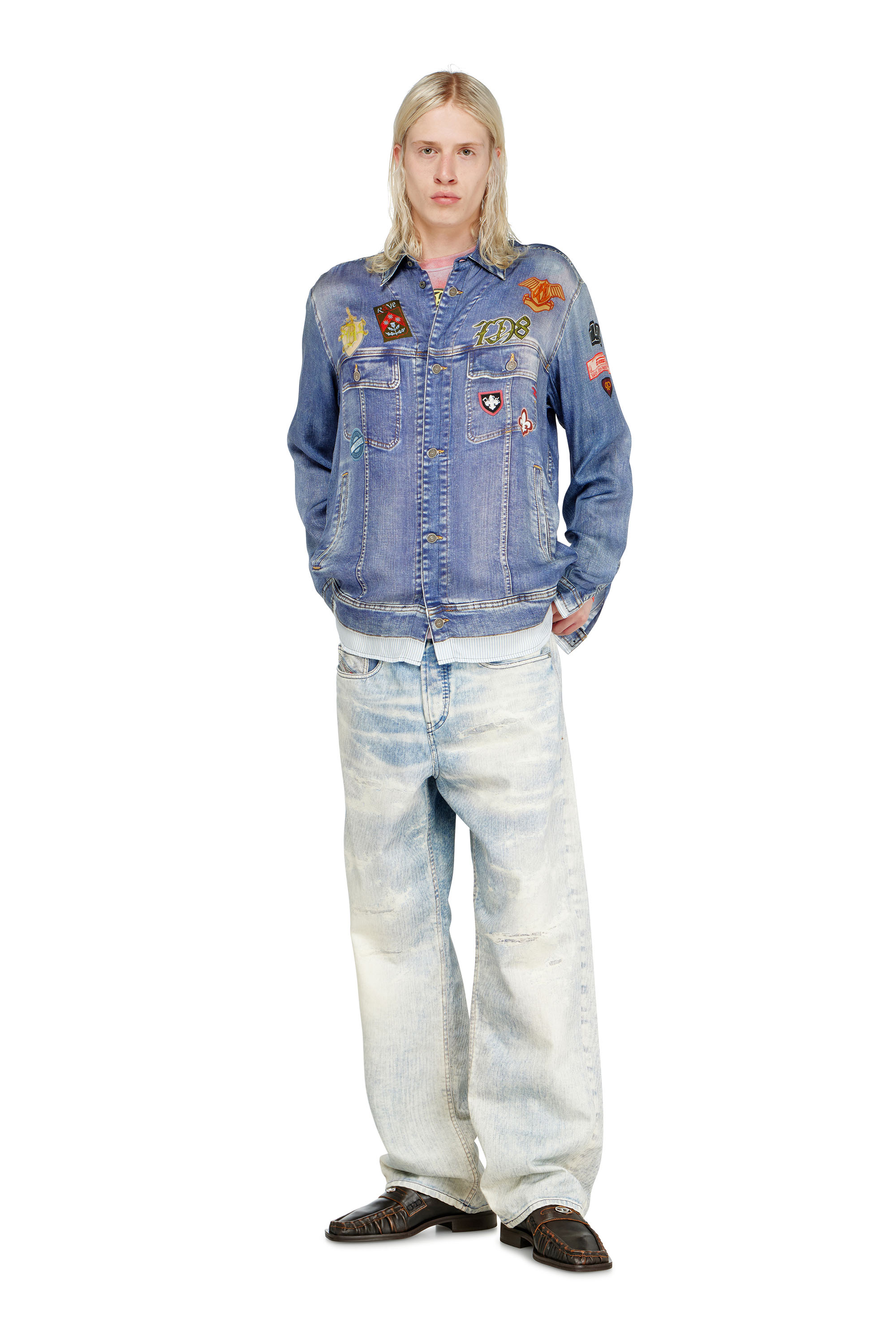 Diesel - S-SIMPLY-PATCH, Man's Satin shirt with trompe-l'oeil denim print in null - 2