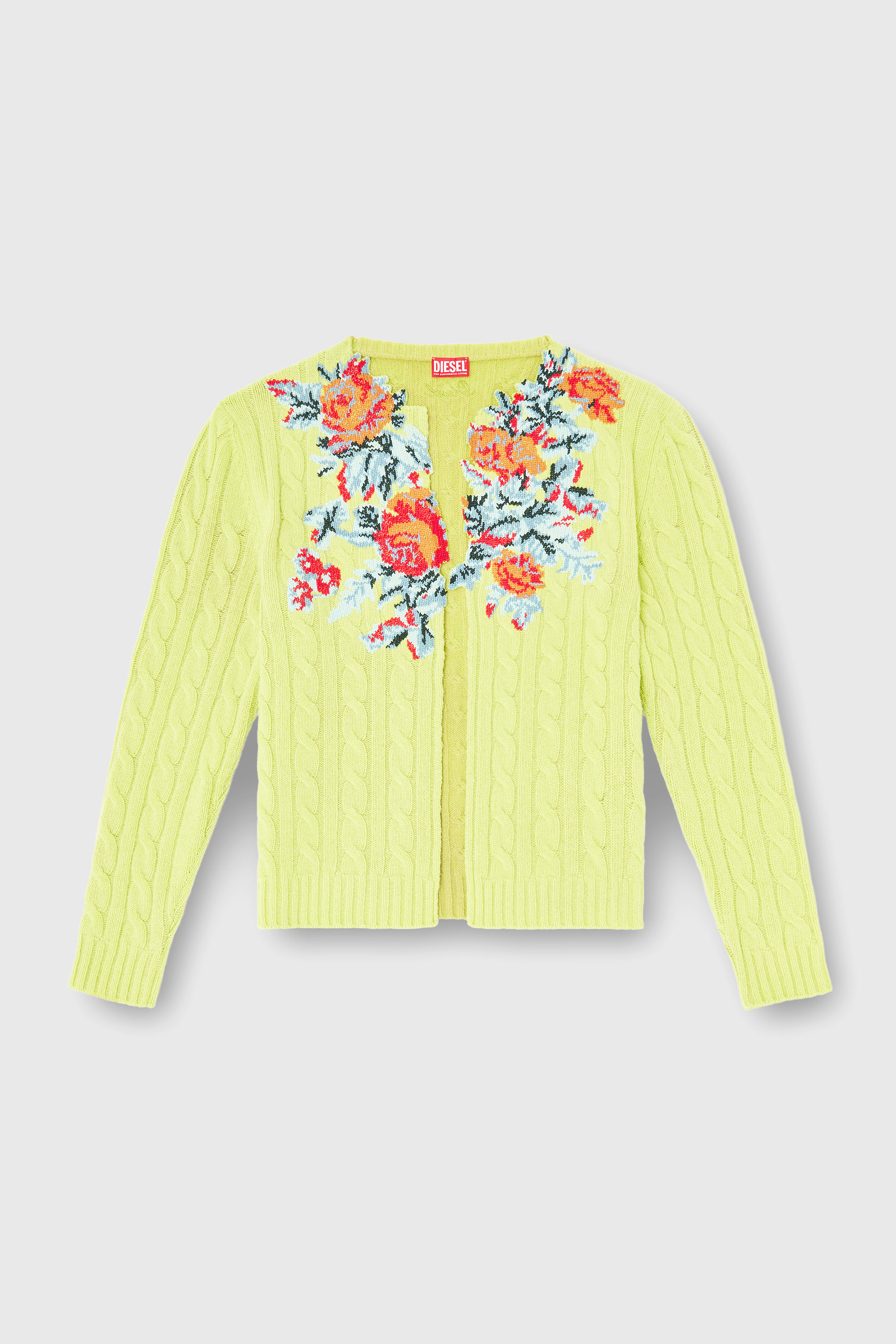 Diesel - K-RINO, Man's Open-front cardigan in floral cable knit in Yellow Fluo - 2