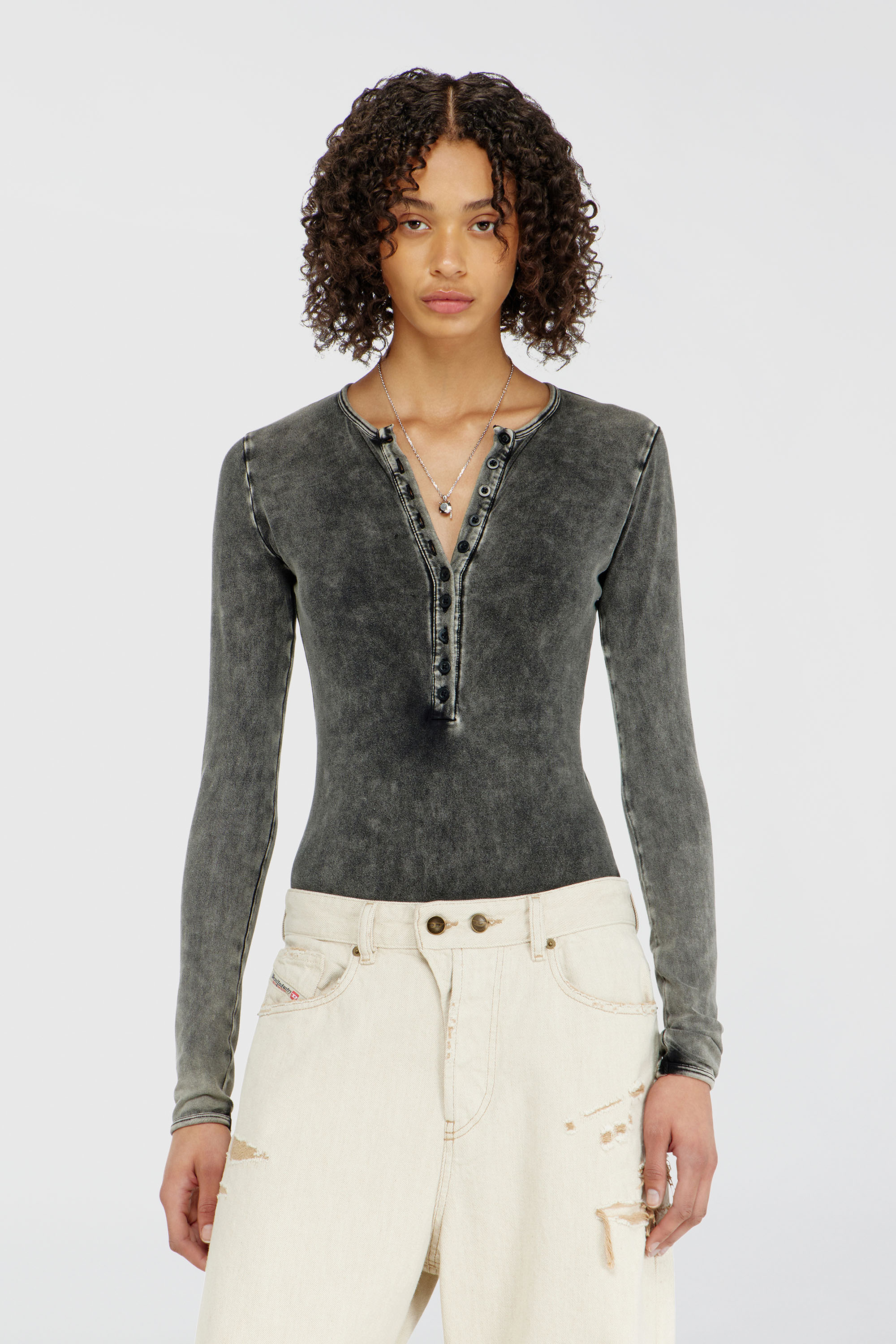 Diesel - FRESYA-DNM, Woman's Cotton bodysuit with buttoned front in Dark grey - 1